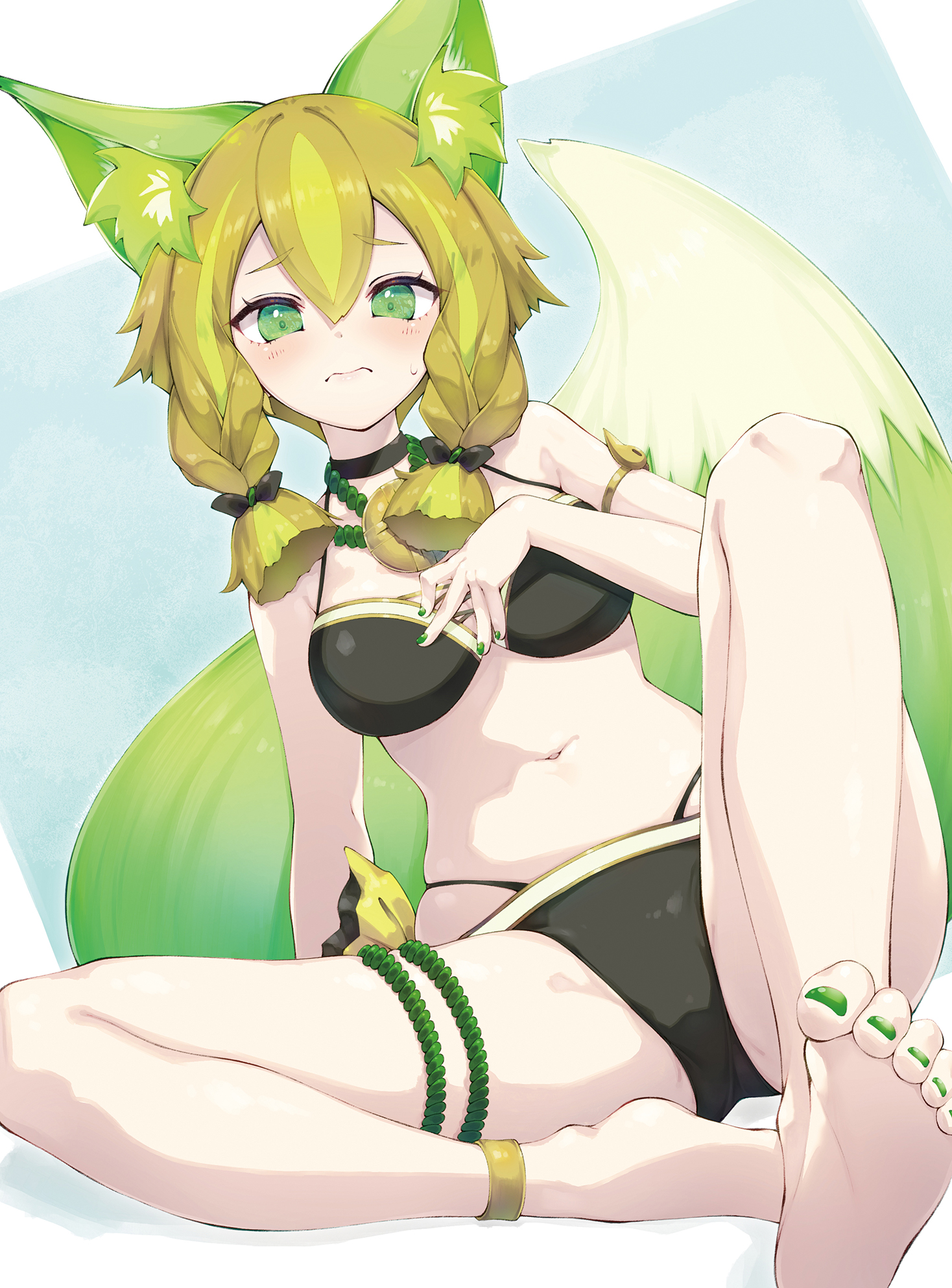 nakazawa aki, hu-li the jewel mikanko, yu-gi-oh!, highres, 1girl, alternate costume, animal ears, barefoot, bikini, black bikini, blonde hair, breasts, duel monster, fox ears, fox girl, fox tail, full body, green eyes, green hair, green nails, medium breasts, navel, short hair with long locks, solo, swimsuit, tail