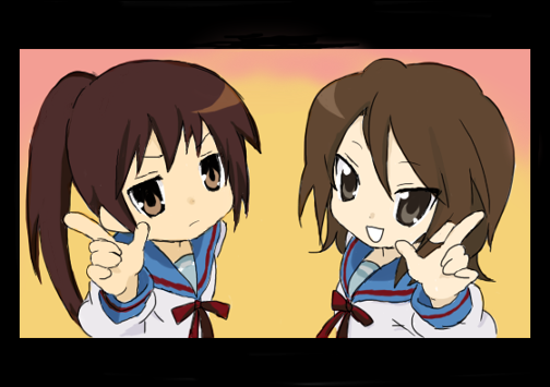 yone (emoiwarenu), yoneyama mai, koizumi itsuki, koizumi itsuki (female), kyon, kyonko, lucky star, motteke! serafuku, suzumiya haruhi no yuuutsu, bad id, bad pixiv id, gender request, 2girls, genderswap, multiple girls, parody, ponytail