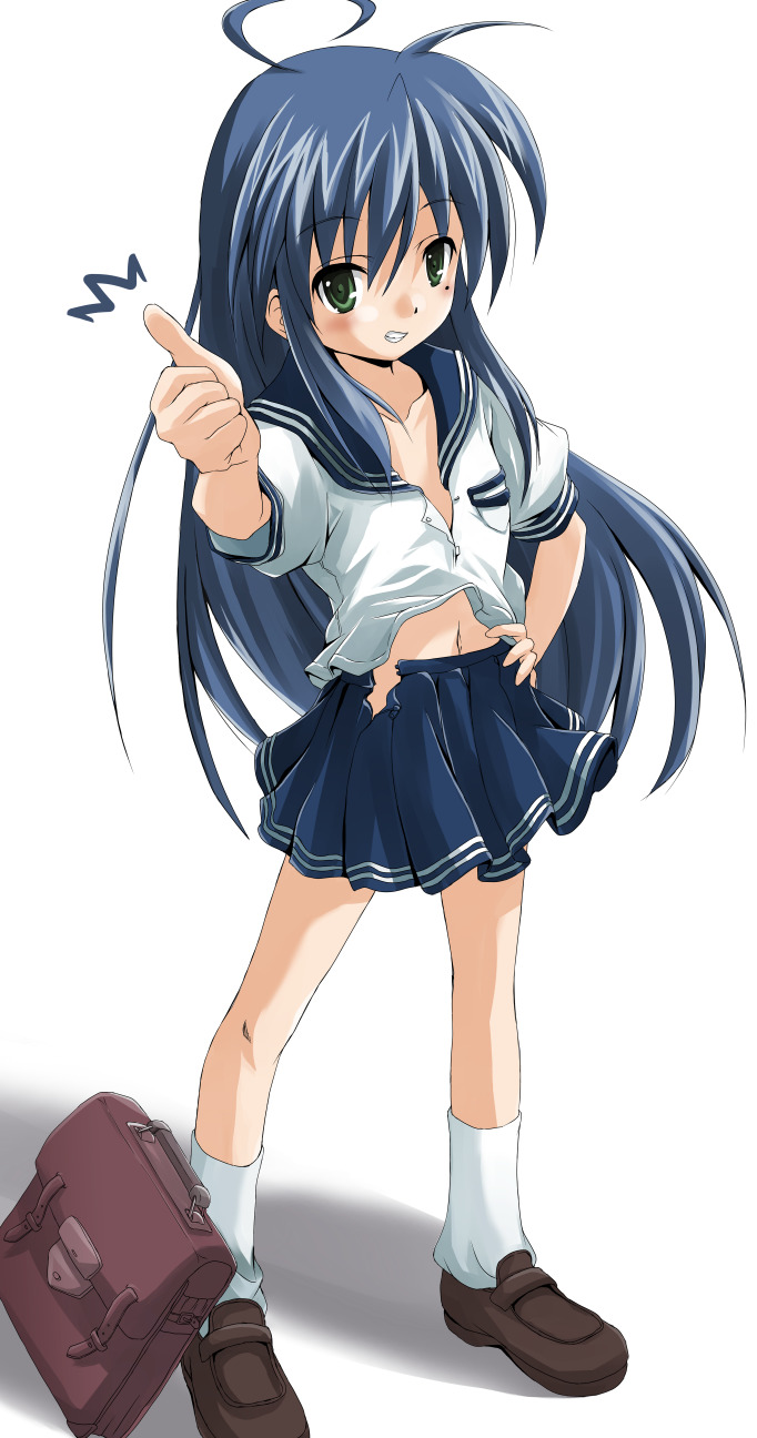 nekogoro, izumi konata, lucky star, bad id, bad pixiv id, highres, 00s, 1girl, female focus, mole, mole under eye, school uniform, serafuku, solo, thumbs up, undressing