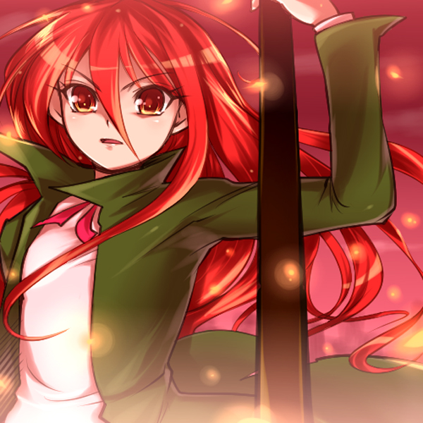 hairu, shana, shakugan no shana, 00s, 1girl, arm up, blurry, brown eyes, female focus, furrowed brow, green jacket, hair between eyes, jacket, long hair, long sleeves, looking at viewer, open clothes, open jacket, open mouth, pink ribbon, red background, red eyes, red hair, ribbon, shirt, simple background, solo, upper body, very long hair, white shirt