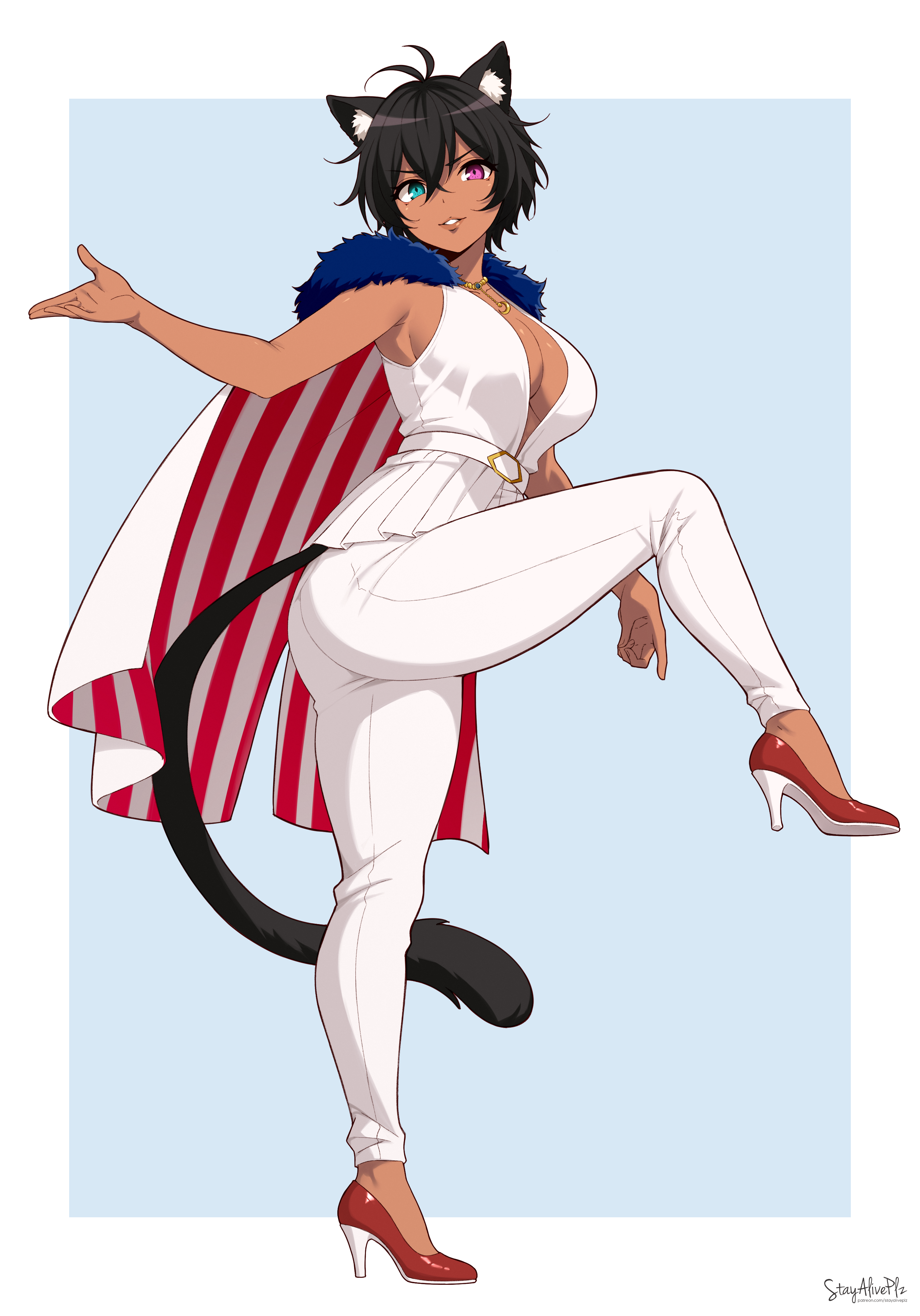 stayaliveplz, original, absurdres, commentary, commission, english commentary, highres, 1girl, animal ear fluff, animal ears, antenna hair, artist name, bare arms, black hair, black tail, blue eyes, blue pants, blue shirt, borrowed character, breasts, cape, cat ears, cat girl, cat tail, cleavage, crossed bangs, dark-skinned female, dark skin, full body, fur-trimmed cape, fur trim, gold necklace, hair between eyes, hand up, heterochromia, high heels, jewelry, large breasts, necklace, no bra, open clothes, open shirt, pants, parted lips, purple eyes, red cape, red shoes, shirt, shoes, short hair, signature, sleeveless, sleeveless shirt, smile, solo, standing, standing on one leg, striped cape, tail, tsuyu watabameruburi (namiyovt), v-shaped eyebrows, white cape, white pants