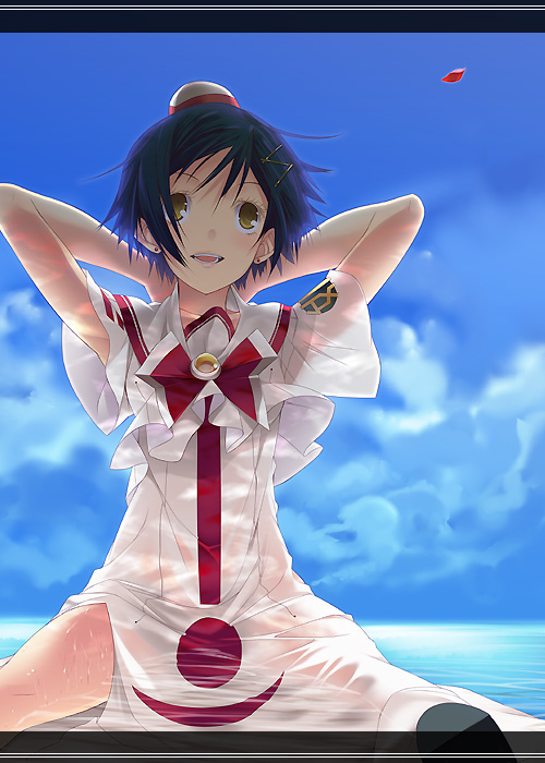 mizuki makoto, aika granzchesta, aria (manga), 00s, 1girl, black hair, blue hair, blue sky, bow, cherry blossoms, cloud, cloudy sky, day, dress, female focus, hat, ocean, outdoors, short hair, sitting, sky, solo, teeth, water, wet, wet clothes, white dress, yellow eyes