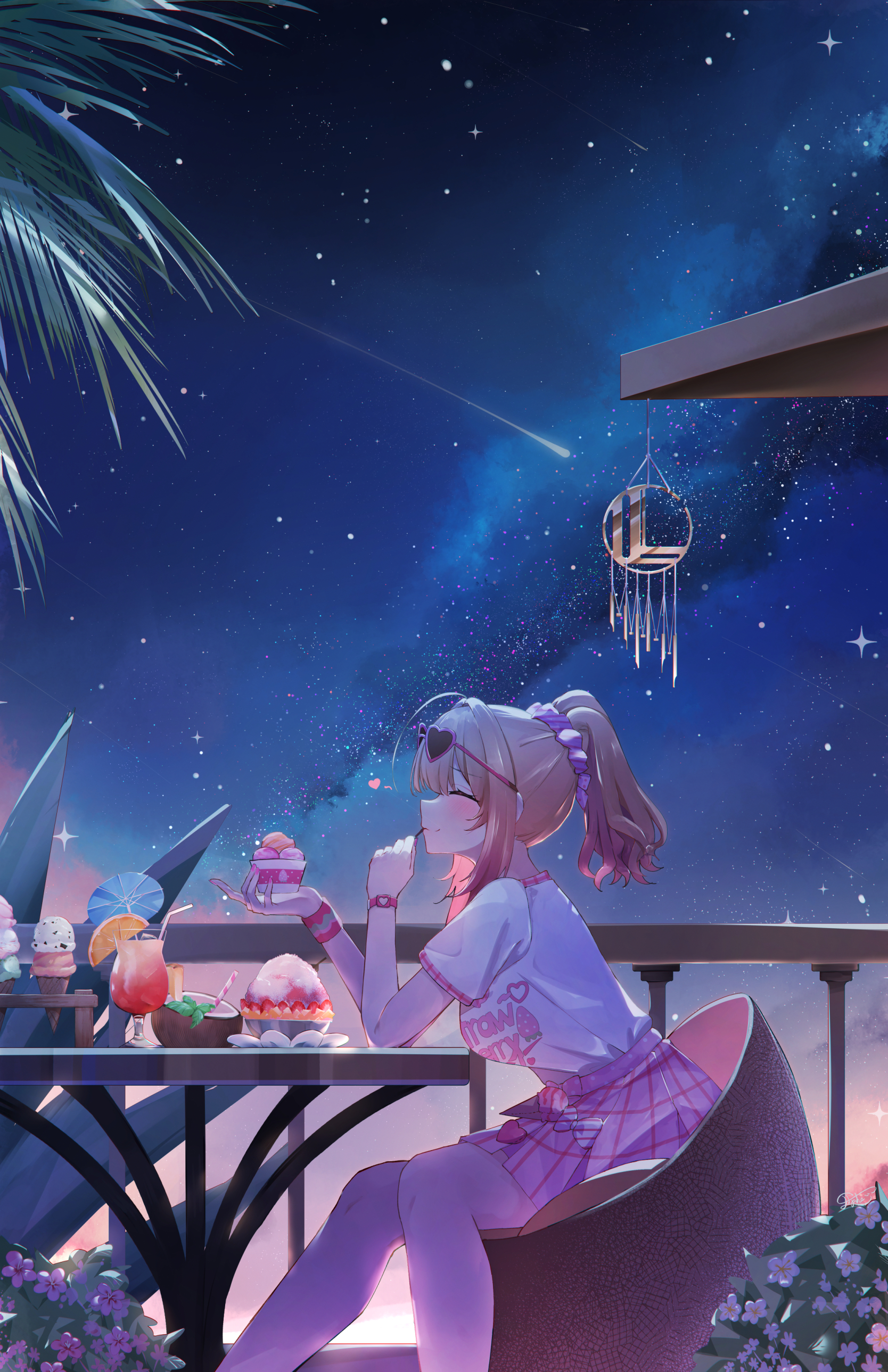 elphe, ichijou ririka, ichijou ririka (holonatsu paradise), hololive, hololive dev is, absurdres, commentary, english commentary, highres, 1girl, ahoge, closed eyes, closed mouth, clothes writing, coconut cup, cup, eating, eyewear on head, food, from side, gradient hair, heart, heart-shaped eyewear, holding, ice cream, miniskirt, multicolored hair, night, night sky, official alternate costume, orange hair, outdoors, pink hair, pink skirt, pleated skirt, shaved ice, shirt, shooting star, short hair, sitting, skirt, sky, solo, star (sky), starry sky, sunglasses, t-shirt, virtual youtuber, white shirt