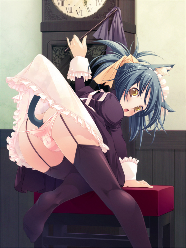 chinchickrin, original, 1girl, animal ears, ass, bent over, blue hair, blush, cameltoe, cat ears, cat tail, clock, clothes lift, dress, dress lift, duster, embarrassed, feet, female focus, frills, garter belt, headscarf, looking back, maid, open mouth, panties, socks, solo, striped clothes, striped panties, tail, thighhighs, underwear, yellow eyes, yellow headscarf