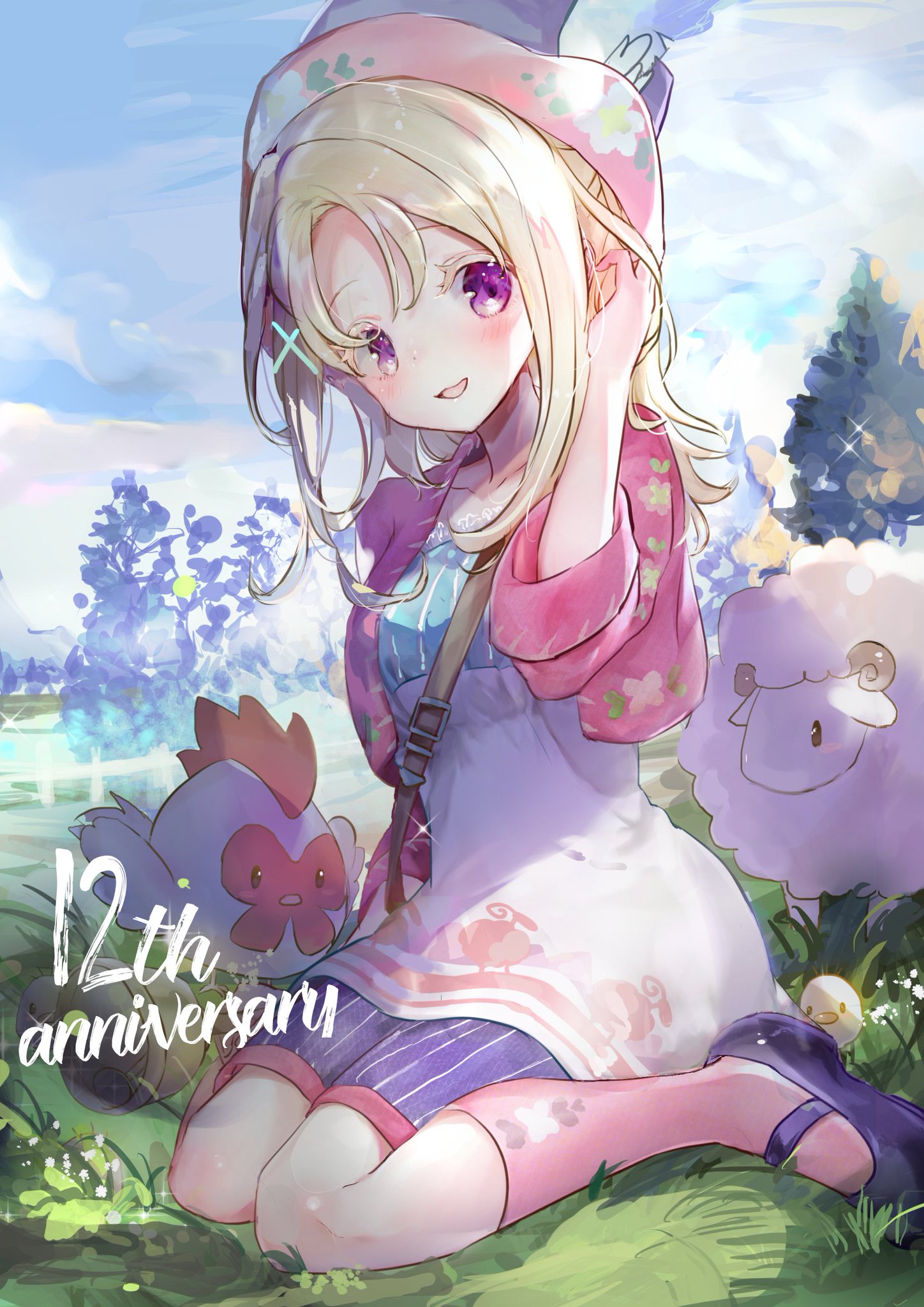 karakuri mai, bokujou monogatari, highres, 1girl, :3, :d, anniversary, baby animal, backlighting, bag, bird, blonde hair, blue sky, blush, bokujou monogatari: youkoso! kaze no bazaar e, brown bag, chick, chicken, cloud, collarbone, colored eyelashes, dandelion, day, floral print hat, floral print jacket, flower, full body, hand in own hair, hand up, haruka (bokujou monogatari), hat, hat feather, horizon, jacket, long hair, looking at viewer, mary janes, on grass, open mouth, outdoors, parted bangs, pink hat, pink jacket, pink socks, ponytail, purple eyes, purple hat, purple shoes, purple shorts, sheep, sheep print, shirt, shoes, shorts, shoulder bag, sitting, sky, smile, socks, solo, sparkle, striped clothes, striped shorts, three-quarter sleeves, tree, tyrolean hat, vertical-striped clothes, vertical-striped shorts, wariza, white shirt