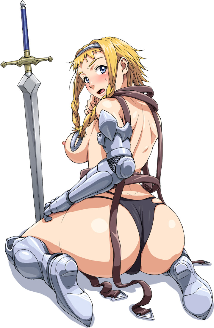 nigou, exiled warrior leina, leina (queen's blade), queen's blade, 00s, 1girl, armor, ass, back, blonde hair, blue eyes, blush, braid, breasts, buckle, curvy, female focus, huge ass, kneeling, large breasts, looking back, nipples, panties, shiny skin, short hair with long locks, side braid, sitting, solo, sword, thong, topless female, twin braids, underwear, weapon