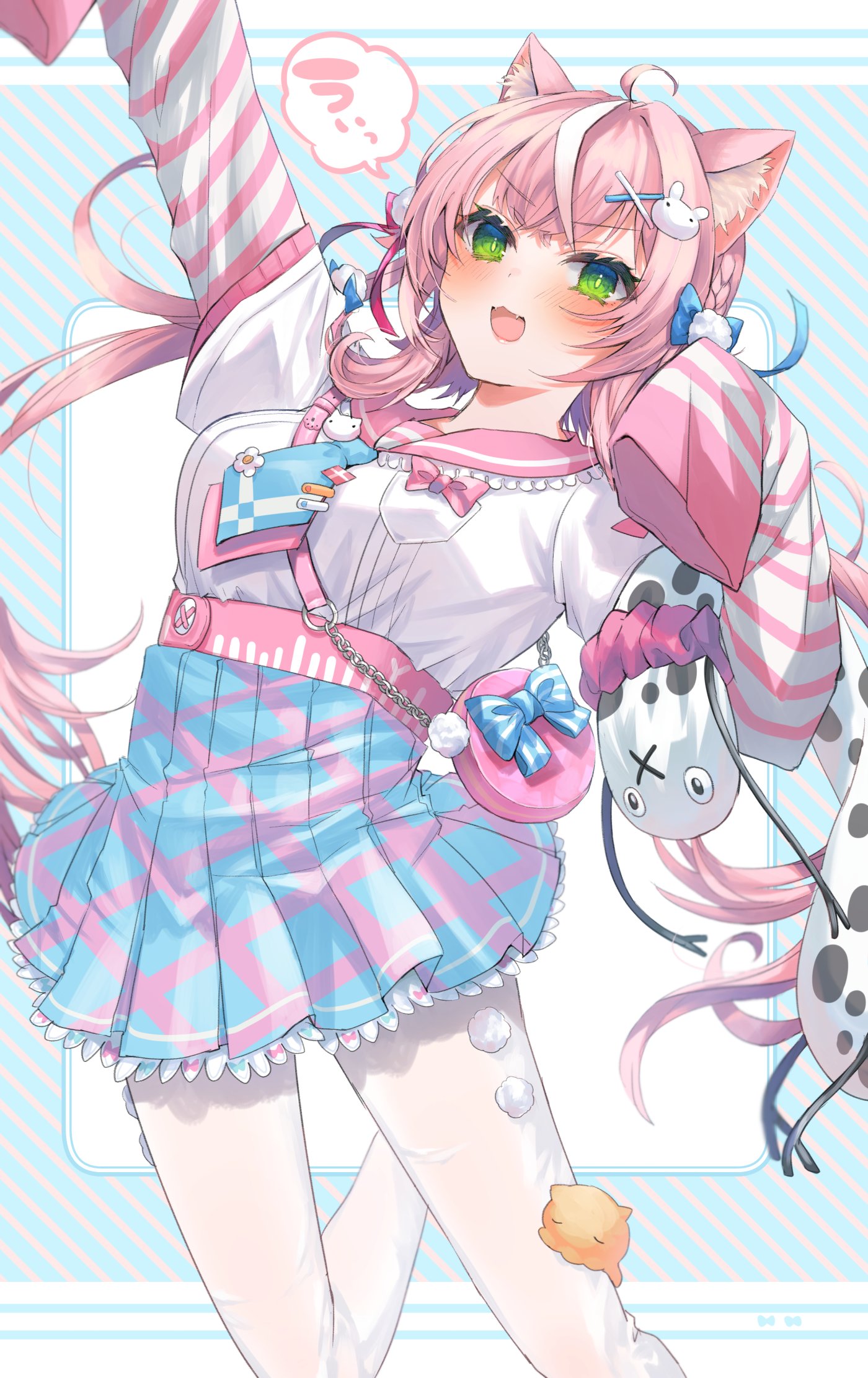 shikino yuki, yang nari, yang nari (3rd costume), nijisanji, nijisanji kr, commentary request, highres, 1girl, ahoge, animal ears, animal hair ornament, blue necktie, blue skirt, cat ears, cat girl, frilled sailor collar, frills, green eyes, hair ornament, long hair, long sleeves, multicolored hair, necktie, pink bag, pink hair, pink sailor collar, rabbit hair ornament, round bag, sailor collar, skirt, sleeves past fingers, sleeves past wrists, solo, streaked hair, striped sleeves, twintails, virtual youtuber, white hair, x hair ornament