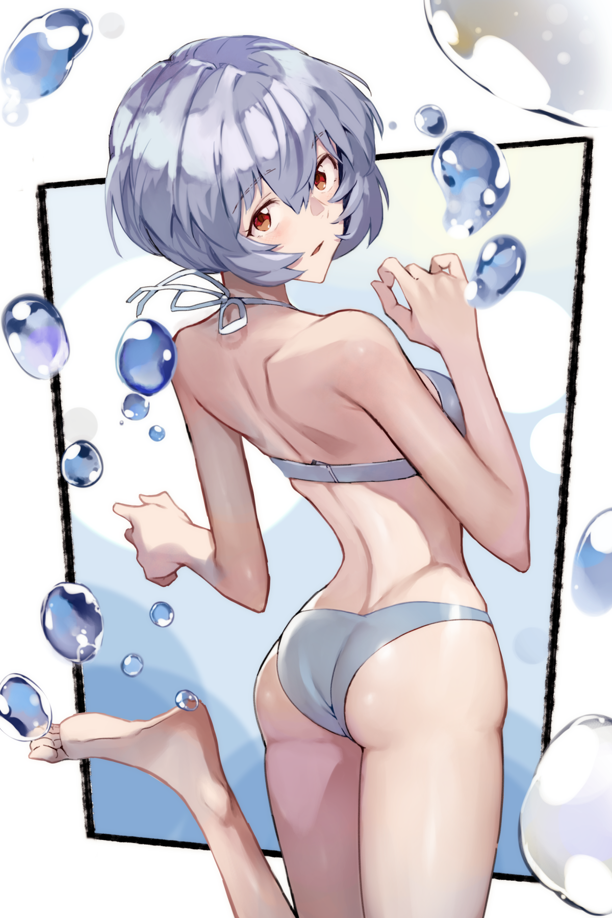 yagisawa teru, ayanami rei, neon genesis evangelion, commentary, highres, 1girl, ass, back, bare shoulders, barefoot, bikini, black border, blue hair, border, circle, cowboy shot, curled fingers, foot up, from behind, grey bikini, hair between eyes, halterneck, hand up, leg up, looking at viewer, looking back, outside border, parted lips, red eyes, short hair, shoulder blades, soles, solo, standing, standing on one leg, swimsuit, toes, w arms, water, water drop, white border