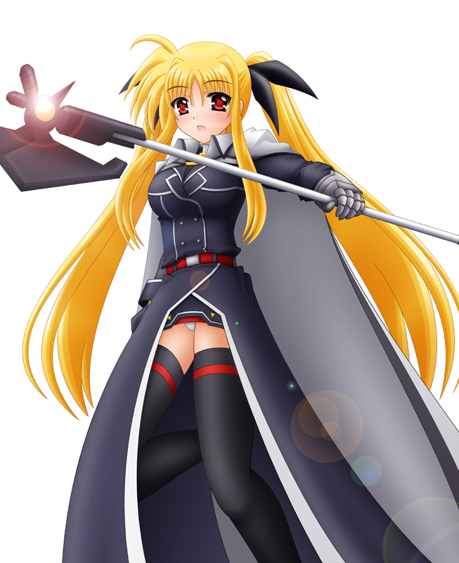 yamaguchi ugou, bardiche (assault form) (nanoha), bardiche (nanoha), fate testarossa, fate testarossa (impulse form), lyrical nanoha, mahou shoujo lyrical nanoha, mahou shoujo lyrical nanoha strikers, 00s, 1girl, blonde hair, female focus, long hair, solo, thighhighs, twintails, very long hair