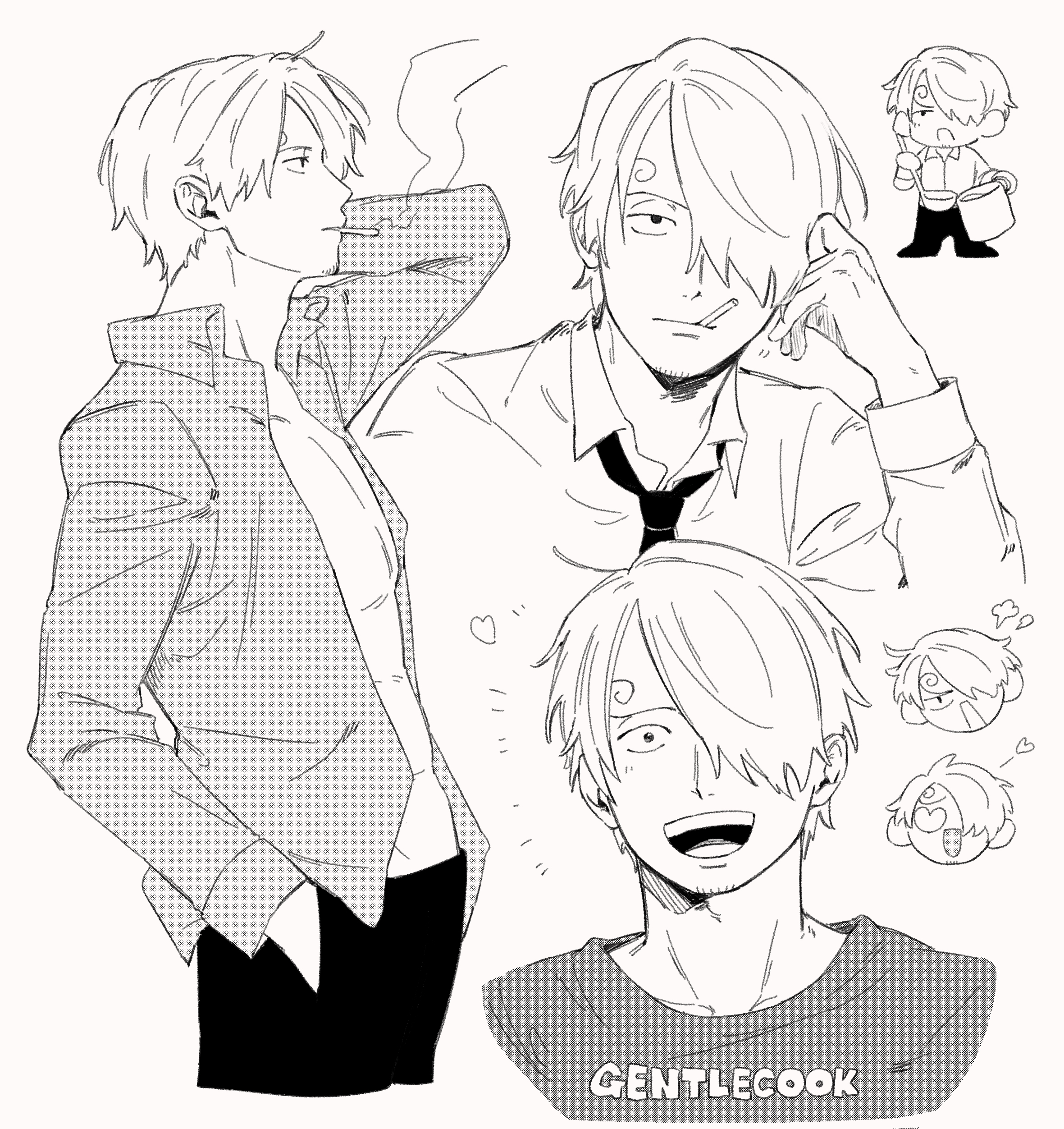 iqracha, sanji (one piece), one piece, absurdres, highres, 1boy, arm behind head, chibi, collared shirt, curly eyebrows, greyscale, hair over one eye, hand in pocket, happy, heart, heart-shaped eyes, male focus, monochrome, necktie, open clothes, open shirt, shirt, short hair, smoking