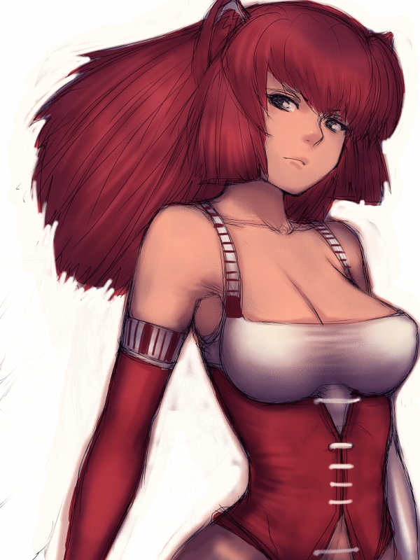 fumio (rsqkr), 1girl, blue eyes, breasts, cleavage, female focus, large breasts, red hair, solo