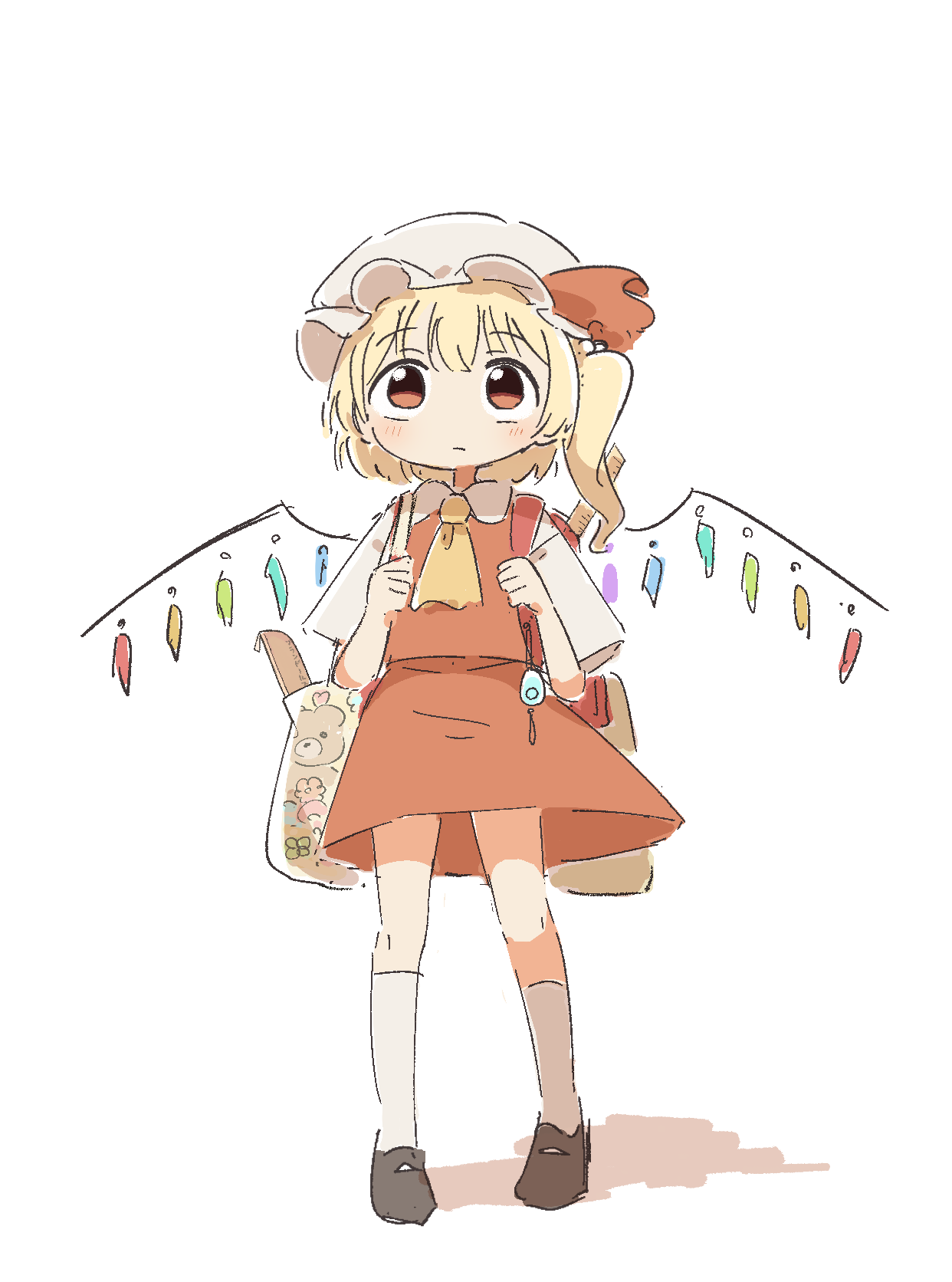 kyuukei usagi, flandre scarlet, touhou, commentary request, highres, 1girl, ascot, backpack, bag, blonde hair, brown shoes, closed mouth, collared shirt, crime prevention buzzer, crystal, crystal wings, flower, full body, hat, hat ribbon, kneehighs, mob cap, multicolored wings, one side up, red eyes, red skirt, red vest, ribbon, shirt, shoes, simple background, skirt, skirt set, socks, solo, stuffed animal, stuffed toy, teddy bear, vest, white background, white hat, white shirt, white socks, wings, yellow ascot