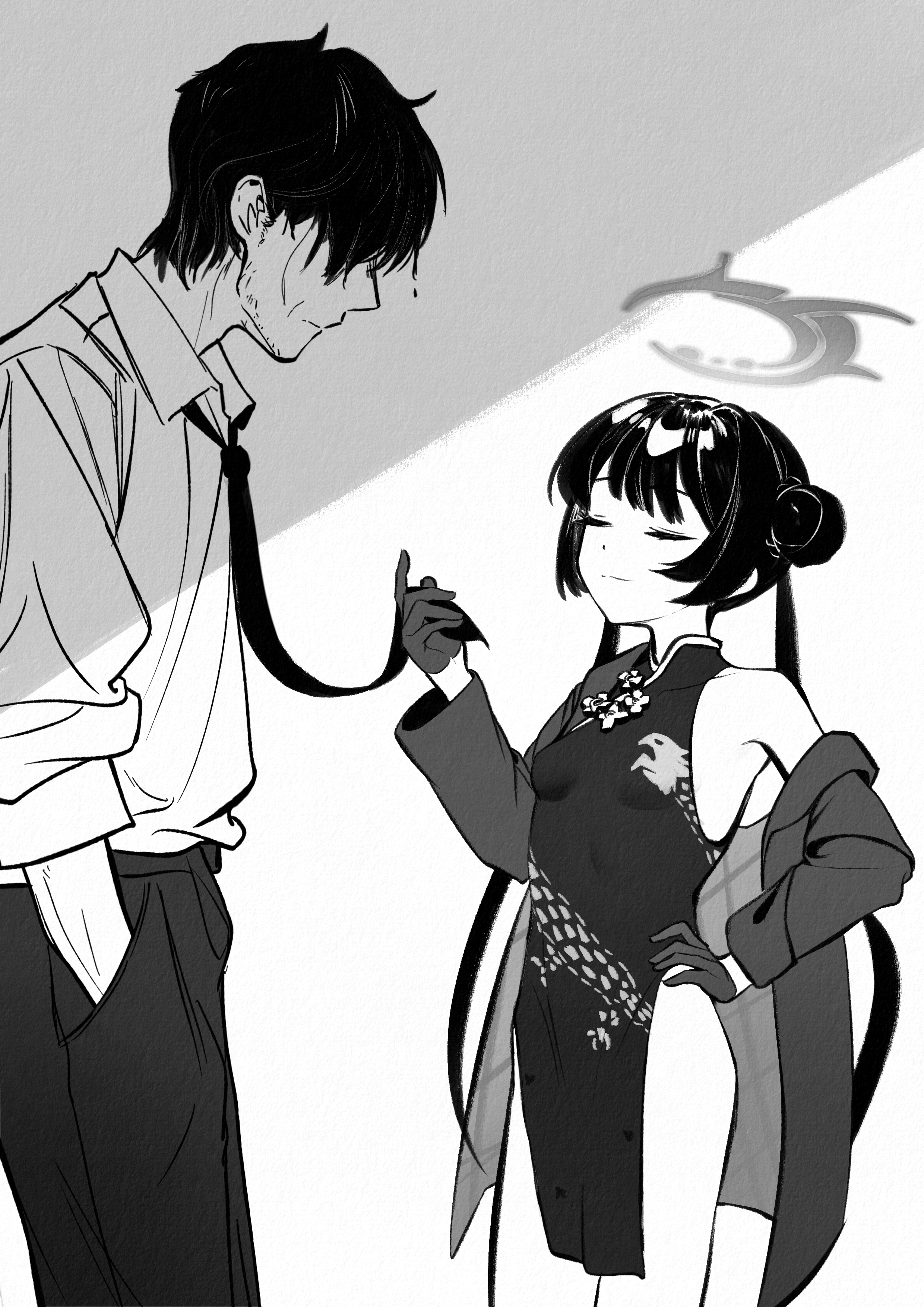 yongkak, kisaki (blue archive), blue archive, absurdres, highres, 1boy, 1girl, breasts, china dress, chinese clothes, closed eyes, clothes grab, double bun, dragon print, dress, gloves, greyscale, hair bun, halo, jacket, long hair, long sleeves, monochrome, necktie, necktie grab, neckwear grab, pelvic curtain, print dress, sleeveless, sleeveless dress, small breasts, teacher, twintails, very long hair