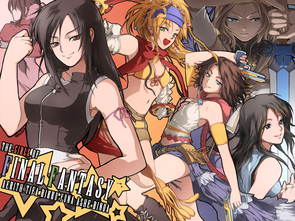 aerith gainsborough, ashelia b'nargin dalmasca, rikku (ff10), rinoa heartilly, tifa lockhart, yuna, final fantasy, final fantasy vii, final fantasy viii, final fantasy x, final fantasy x-2, final fantasy xii, square enix, artist request, 00s, 1990s (style), belt, black hair, blonde hair, bra, braid, brown hair, crossover, gun, headband, lingerie, retro artstyle, scarf, sword, underwear, weapon