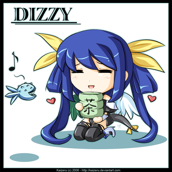 kaizeru, dizzy (guilty gear), arc system works, guilty gear, 1girl, = =, asymmetrical wings, blue hair, bow, chibi, closed eyes, cup, female focus, hair bow, heart, long twintails, musical note, quaver, ribbon, smile, solo, tail, tail ornament, tail ribbon, thighhighs, twintails, wings, yunomi
