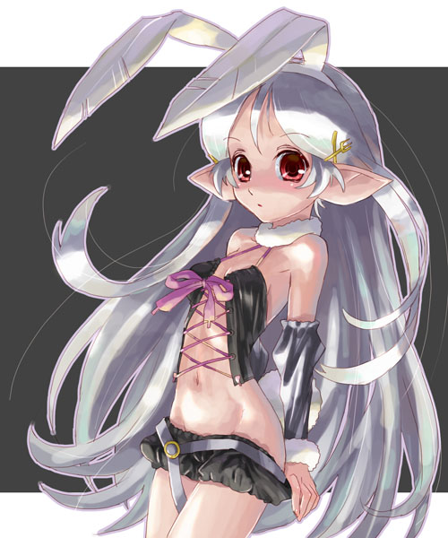 katahira masashi, original, 1girl, animal ears, bow, cowboy shot, detached sleeves, fake animal ears, female focus, grey hair, hair ornament, hairpin, midriff, pink bow, pointy ears, rabbit ears, red eyes, solo, undressing