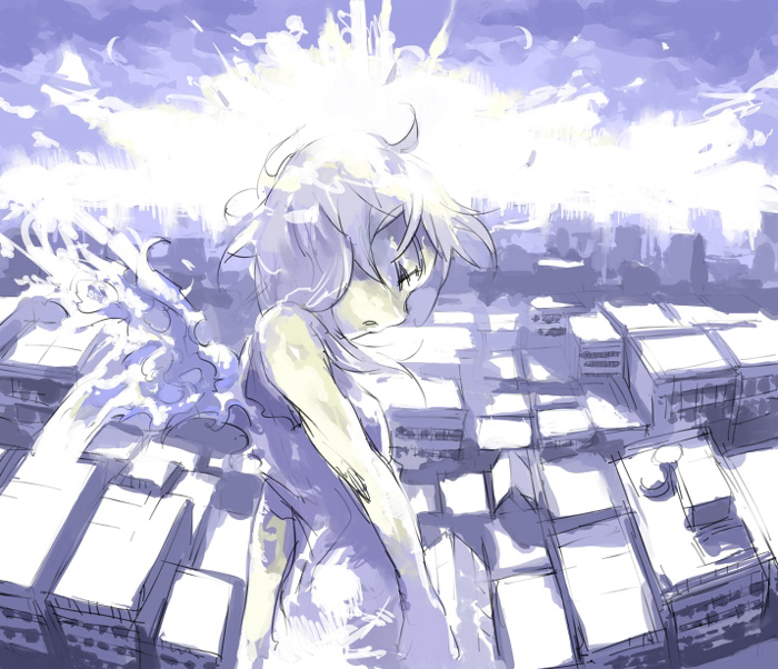 shinazo, original, 1girl, city, cityscape, female focus, flying, solo, white hair, white theme, wings