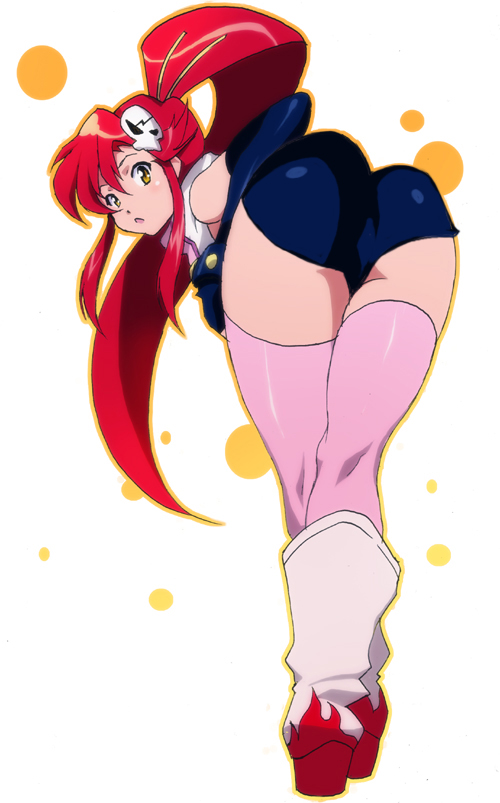 ichijiku, yoko littner, tengen toppa gurren lagann, 00s, 1girl, ass, boots, female focus, from behind, leaning forward, long hair, looking back, pink thighhighs, ponytail, red hair, solo, thighhighs