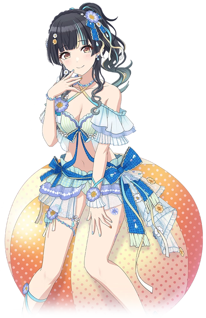 mayuzumi fuyuko, idolmaster, idolmaster shiny colors, idolmaster shiny colors song for prism, official art, 1girl, ball, beachball, bikini, black hair, blonde hair, blue hair, bracelet, breasts, cleavage, earrings, flower, jewelry, multicolored hair, nail polish, navel, polka dot, side ponytail, smile, solo, swimsuit, transparent background, yellow eyes