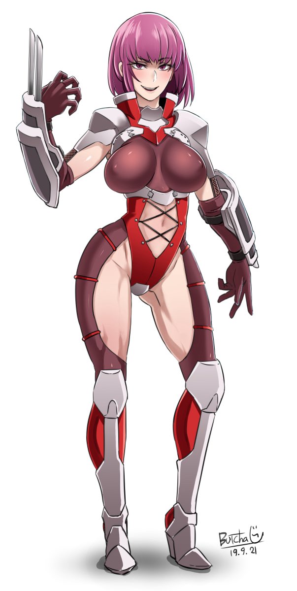 butcha-u, oboro (taimanin asagi), taimanin (series), taimanin asagi, highres, 1girl, breasts, claws, elbow gloves, full body, gloves, large breasts, leotard, ninja, nipples, red eyes, red hair, red leotard, short hair, solo, standing, white background, wide hips
