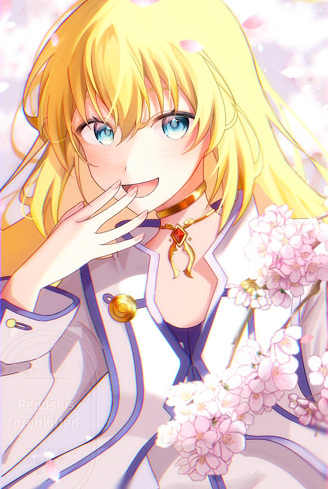 colette brunel, tales of (series), tales of symphonia, highres, 1girl, blonde hair, blue eyes, blue trim, cherry blossoms, chest jewel, dress, falling petals, fingers to mouth, gold choker, jacket, long hair, looking at viewer, open mouth, petals, pink nails, pink petals, smile, toipe333, white dress, white jacket