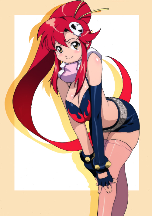 ichijiku, yoko littner, tengen toppa gurren lagann, 00s, 1girl, belt, bent over, bikini, bikini top only, blush, breasts, breasts squeezed together, brown eyes, cleavage, female focus, fingerless gloves, gloves, hair ornament, large breasts, long hair, midriff, pink thighhighs, ponytail, red hair, scarf, shorts, smile, solo, swimsuit, thighhighs