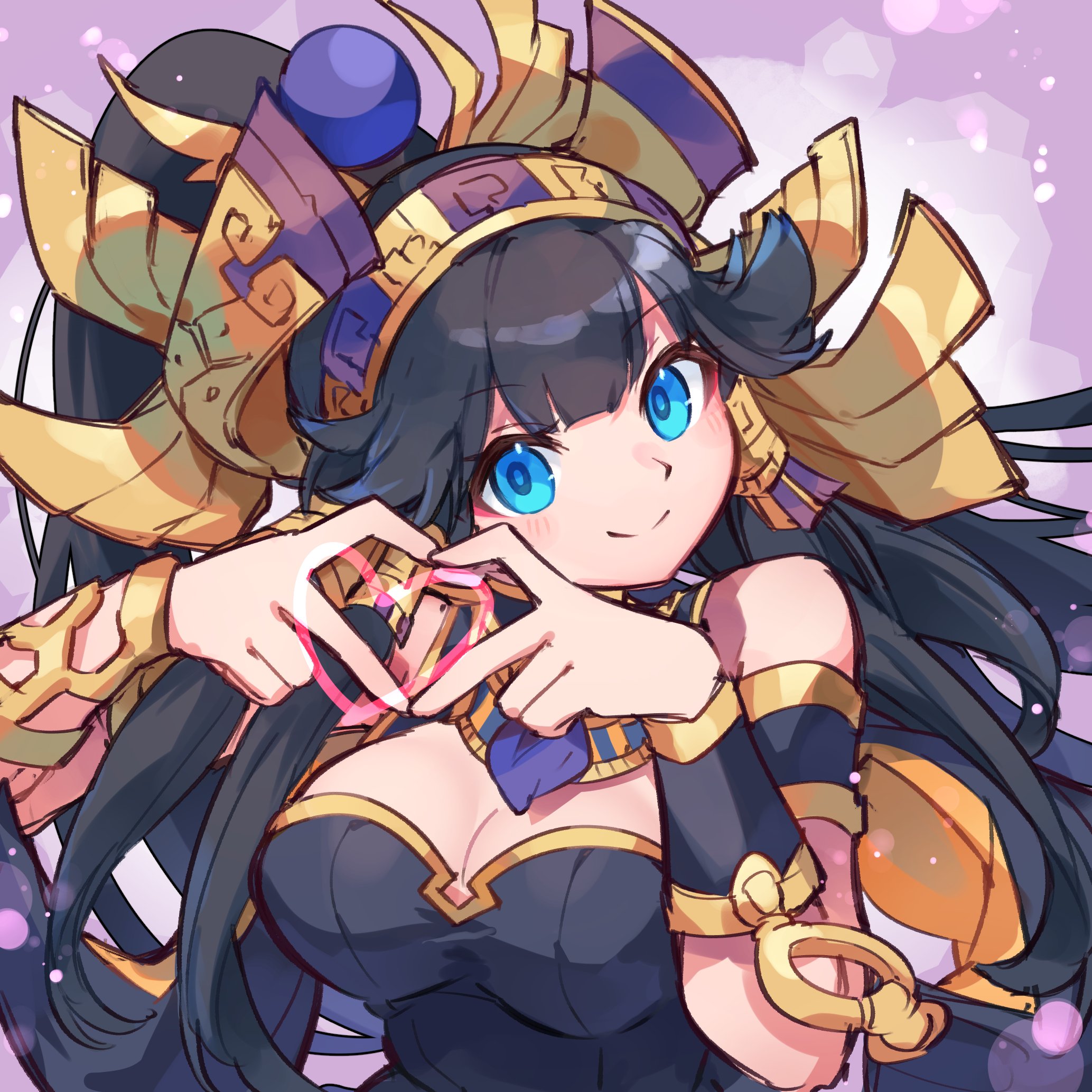 kuuron (moesann17), nephthys (p&d), puzzle & dragons, highres, 1girl, blue eyes, blue hair, blue necktie, breasts, closed mouth, hairband, headdress, large breasts, long hair, looking at viewer, necktie, ponytail, smile, winged hair ornament, winged hairband