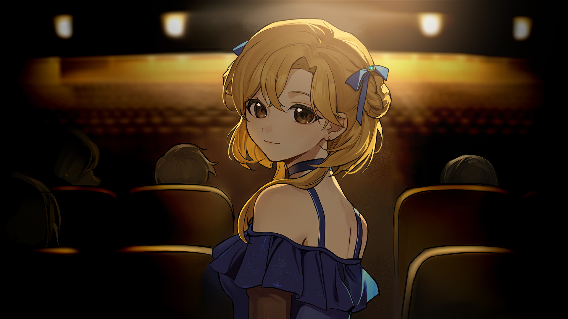 leclle, rose fryberg, volcano princess, highres, official art, 1girl, backlighting, blonde hair, blue choker, brown eyes, choker, hair over shoulder, indoors, lee (volcano princess), light smile, looking at viewer, looking back, short hair with long locks, solo focus, swept bangs, upper body