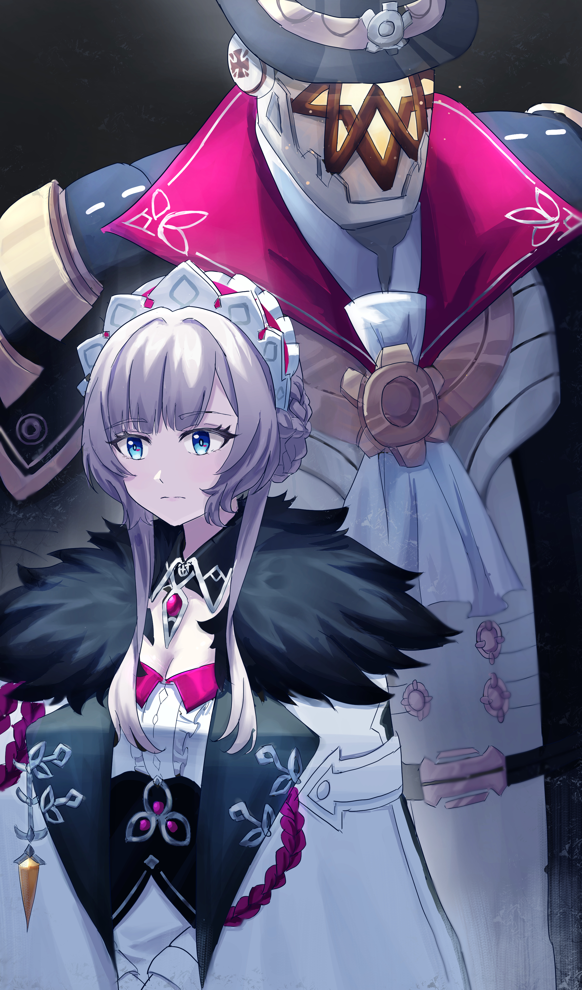 bryantlee998, sandrone (genshin impact), genshin impact, absurdres, highres, 1girl, 1other, aqua eyes, black hat, braid, breasts, brown hair, closed mouth, coat, dress, frilled dress, frilled hairband, frills, fur-trimmed coat, fur trim, hairband, hat, medium breasts, medium hair, robot, top hat, white coat