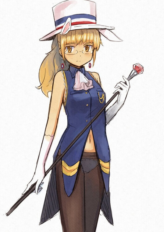 perrine h. clostermann, strike witches, world witches series, artist request, bad link, 1girl, animal ears, ascot, bare shoulders, black panties, black pantyhose, blonde hair, blue jacket, cane, fishnet pantyhose, fishnets, gem, glasses, gloves, hat, holding, holding cane, jacket, looking at viewer, navel, panties, panty peek, pantyhose, rabbit ears, red gemstone, see-through pantyhose, semi-rimless eyewear, simple background, sleeveless, sleeveless jacket, solo, top hat, underwear, white background, white gloves, white hat, yellow eyes