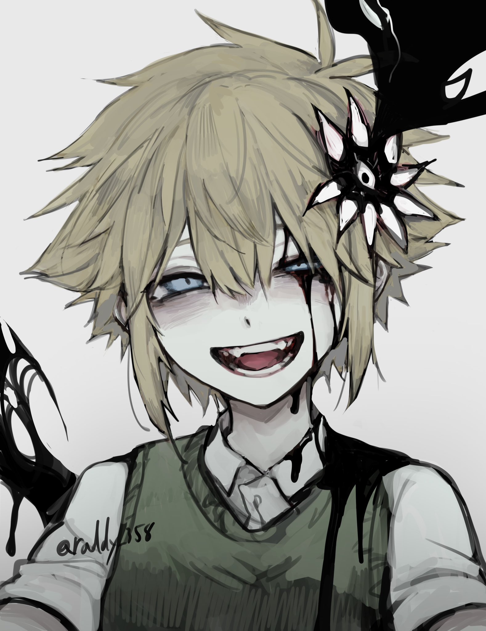 raddy 358, basil (faraway) (omori), basil (omori), something (omori), omori, highres, 1boy, antenna hair, blonde hair, blue eyes, collared shirt, double-parted bangs, fangs, green sweater vest, grey background, looking at viewer, male focus, shirt, short hair, short sleeves, simple background, solo, sweater vest, teeth, tongue, twitter username, upper body, white shirt