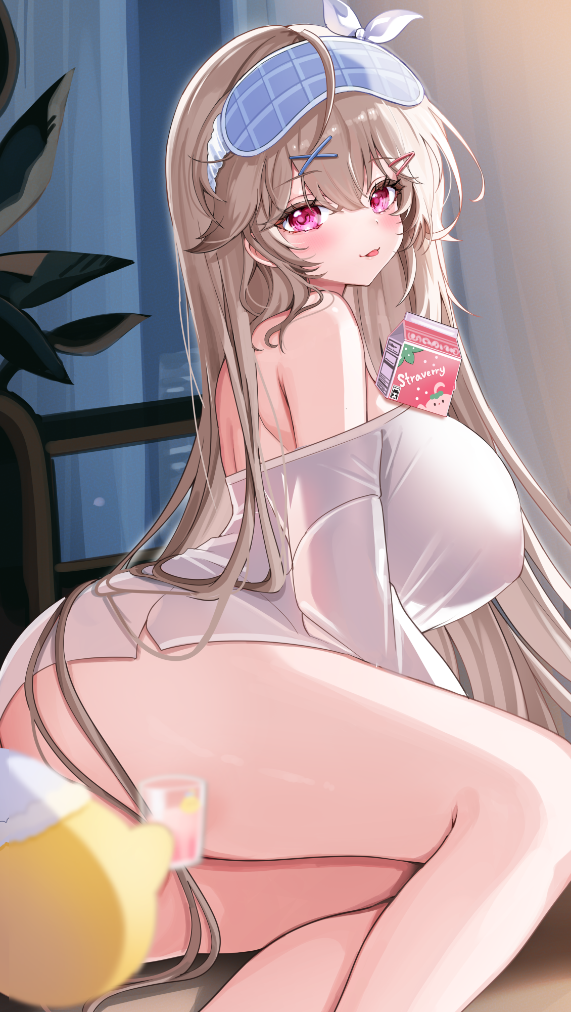 katsushika pachi, anchorage (azur lane), anchorage (sweet evening milk) (azur lane), azur lane, commentary request, highres, 1girl, :p, ass, blush, breasts, brown hair, closed mouth, covered erect nipples, hair ornament, huge breasts, indoors, long hair, looking at viewer, mask, mask on head, milk carton, naked shirt, official alternate costume, official alternate hairstyle, pink eyes, shirt, sitting, sleep mask, smile, solo, thighs, tongue, tongue out, very long hair, white shirt, x hair ornament