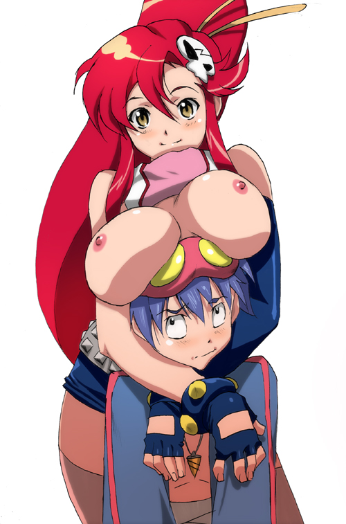ichijiku, simon (ttgl), yoko littner, tengen toppa gurren lagann, 00s, 1boy, 1girl, bandages, belt, blue hair, blush, breast rest, breasts, breasts on head, brown eyes, core drill, drill, fingerless gloves, gloves, goggles, goggles on head, hair ornament, huge breasts, long hair, nipples, open clothes, open shirt, pink thighhighs, ponytail, red hair, scarf, shirt, shorts, size difference, small nipples, smile, thighhighs, topless female, towering