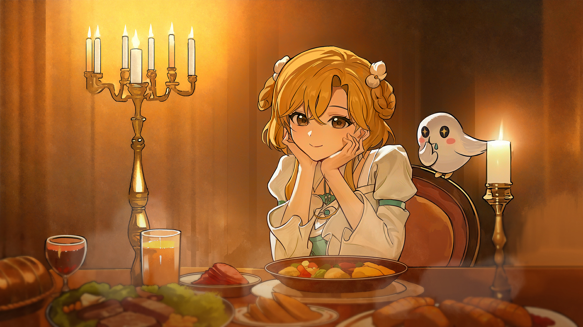 leclle, rose fryberg, volcano princess, highres, official art, 1girl, blonde hair, brown eyes, candle, candlestand, dinner, food, glass, hands on own cheeks, hands on own face, head rest, indoors, lee (volcano princess), looking at viewer, short hair with long locks, sitting, smile, solo