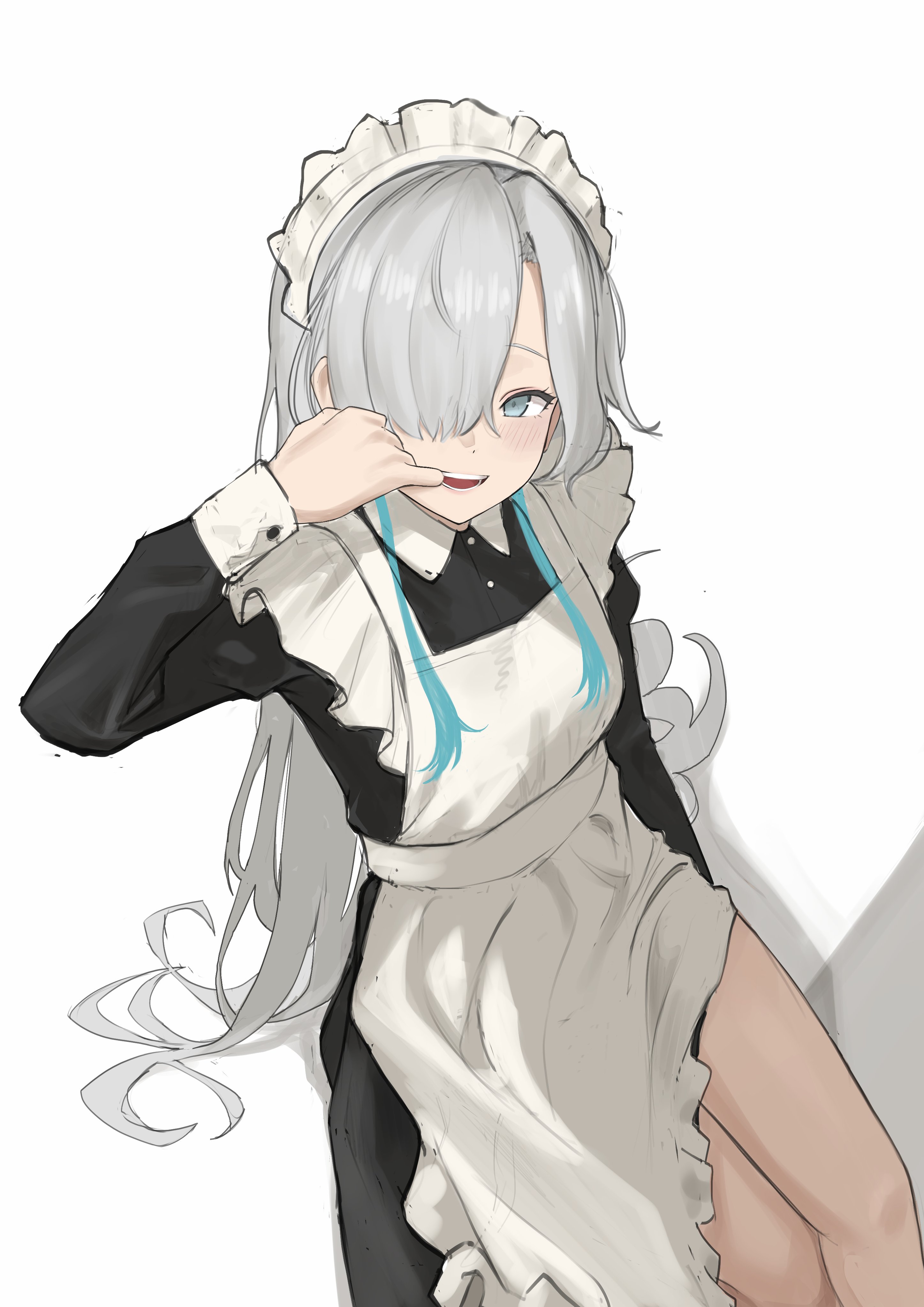 neko hiiragi, isekaijoucho, kamitsubaki studio, absurdres, highres, apron, black shirt, blue eyes, collared shirt, finger to mouth, grey eyes, grey hair, hair extensions, hair over one eye, hand on own face, long hair, looking at viewer, maid, maid apron, shirt, sitting, smile, thighs, white apron