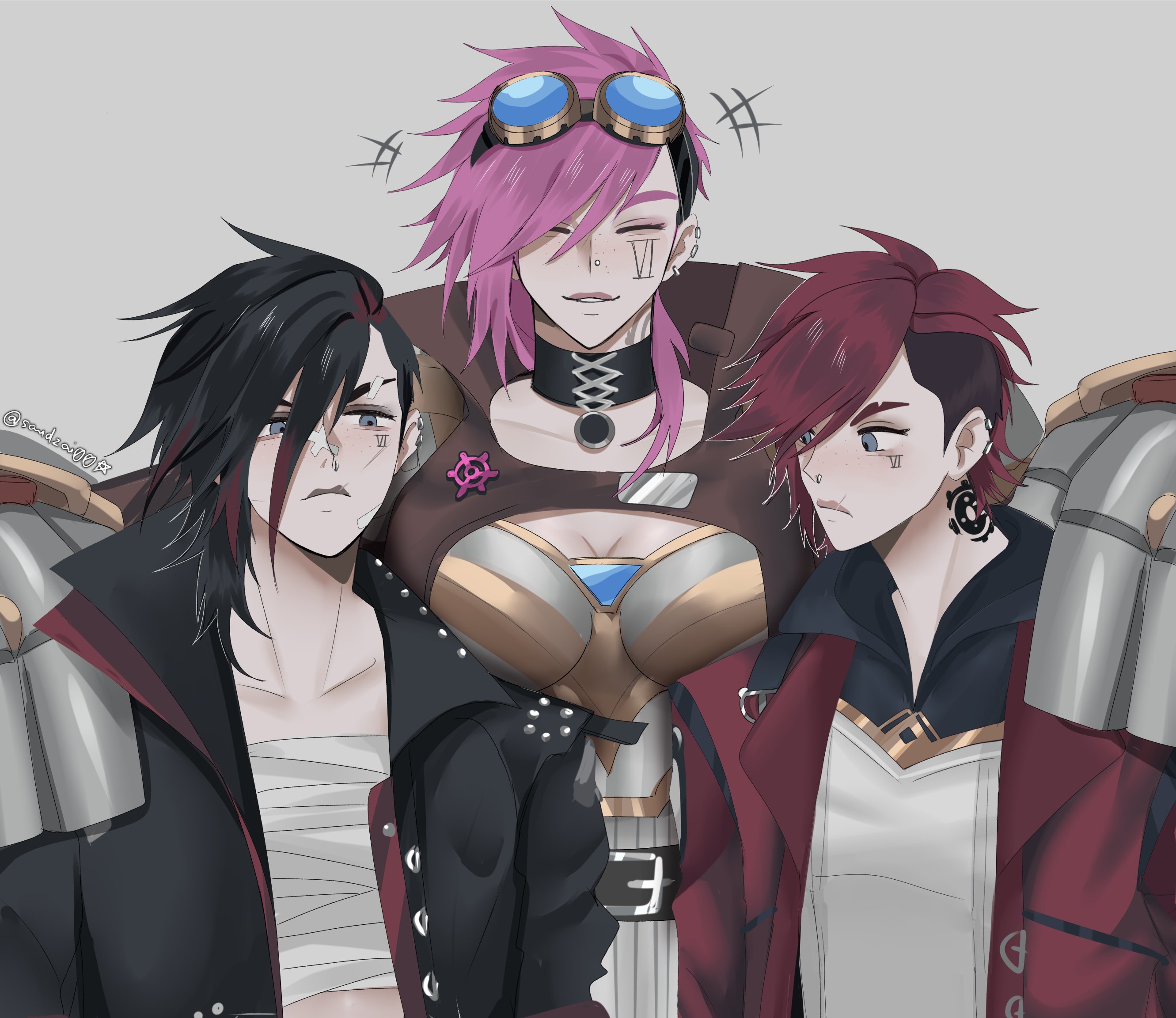 arcane vi, vi (league of legends), arcane: league of legends, league of legends, highres, 3girls, arm on another's shoulder, artist name, asymmetrical hair, badge, bandage on face, bandaged chest, bandages, belt, black choker, black hair, black jacket, blue eyes, breasts, brown jacket, button badge, choker, cleavage, closed eyes, earrings, eyebrow cut, face piercing, facial tattoo, gauntlets, goggles, goggles on head, height difference, high collar, jacket, jewelry, large breasts, medium hair, multicolored hair, multiple girls, multiple persona, neck tattoo, nose piercing, official alternate costume, piercing, pink hair, red hair, red jacket, roots (hair), saudzai, scar, scar on face, short hair, sidecut, smile, staring, tattoo, undercut, yuri