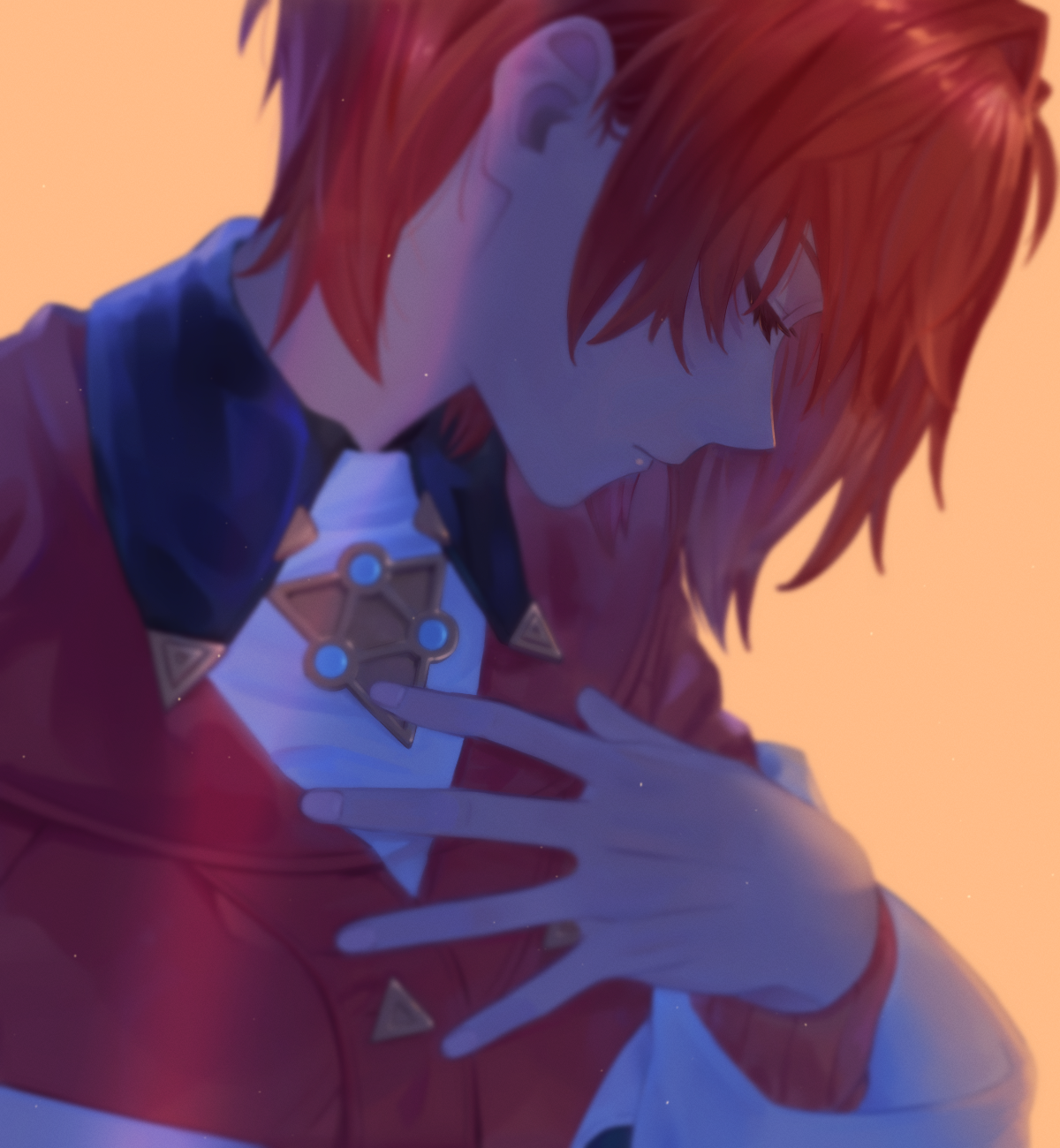 sakuraki riichi, ange katrina, ange katrina (1st costume), nijisanji, commentary request, highres, 1girl, cardigan, close-up, closed eyes, closed mouth, eyelashes, hand on own chest, head down, light particles, long sleeves, orange background, profile, red cardigan, red hair, short hair, simple background, solo, virtual youtuber