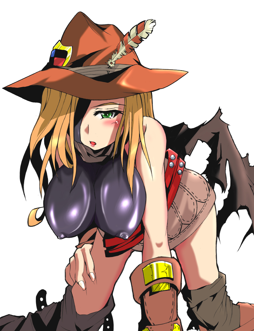 ranger, ranger (sekaiju), ranger 4 (sekaiju), atlus, buta, etrian odyssey, bent over, blonde hair, blush, breasts, covered erect nipples, feathers, gloves, green eyes, hat, large breasts, long hair, solo