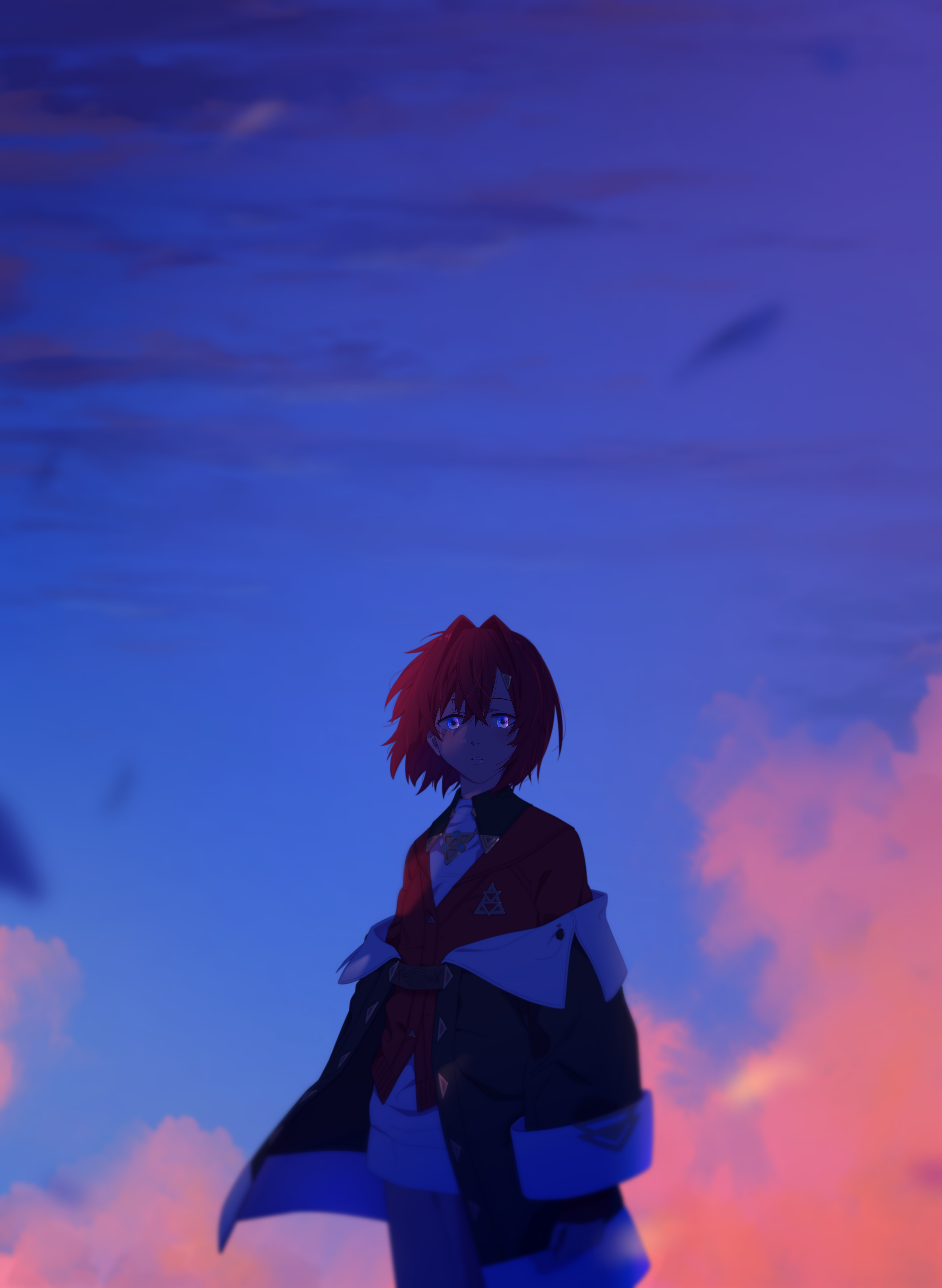 sakuraki riichi, ange katrina, ange katrina (1st costume), nijisanji, absurdres, commentary request, highres, 1girl, black coat, blue eyes, blue sky, cardigan, cloud, coat, collared dress, cowboy shot, dress, flat chest, hair intakes, hair ornament, long sleeves, looking at viewer, off shoulder, outdoors, red cardigan, red hair, short dress, short hair, sky, solo, standing, sunset, triangle hair ornament, virtual youtuber, white dress
