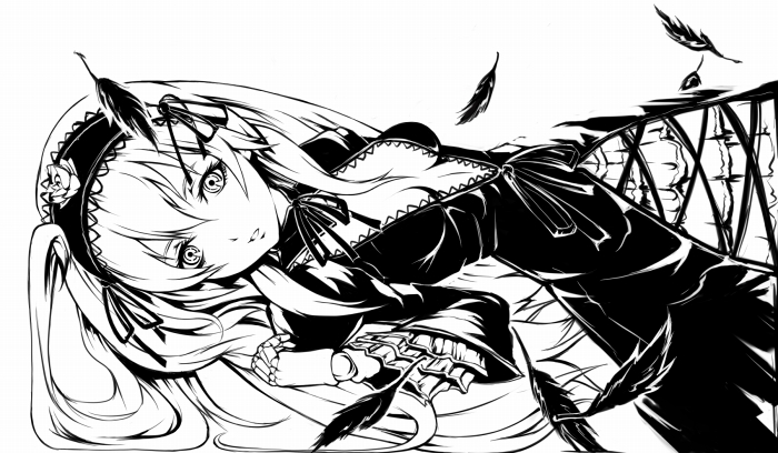 ina (gokihoihoi), suigintou, rozen maiden, 00s, bow, greyscale, hairband, leaf, monochrome, solo