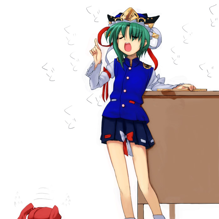 7c, onozuka komachi, shiki eiki, touhou, 2girls, bow, closed eyes, female focus, green hair, hair bobbles, hair ornament, hat, leaning, multiple girls, open mouth, pointing, red hair, ribbon, rod of remorse, scolding, short hair, skirt, twintails, two side up