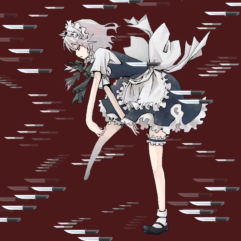 kintaro, izayoi sakuya, touhou, silver hair, bad id, bad pixiv id, 1girl, braid, female focus, knife, maid, oekaki, short hair, solo, throwing knife, twin braids, weapon
