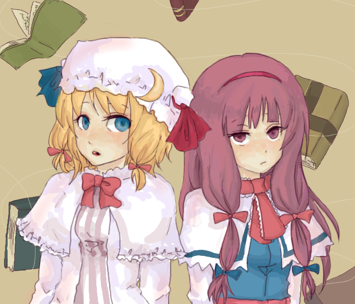 alice margatroid, patchouli knowledge, touhou, 2girls, alice margatroid (cosplay), blue eyes, book, cosplay, costume switch, female focus, hat, long hair, mob cap, multiple girls, no headwear, patchouli knowledge (cosplay)