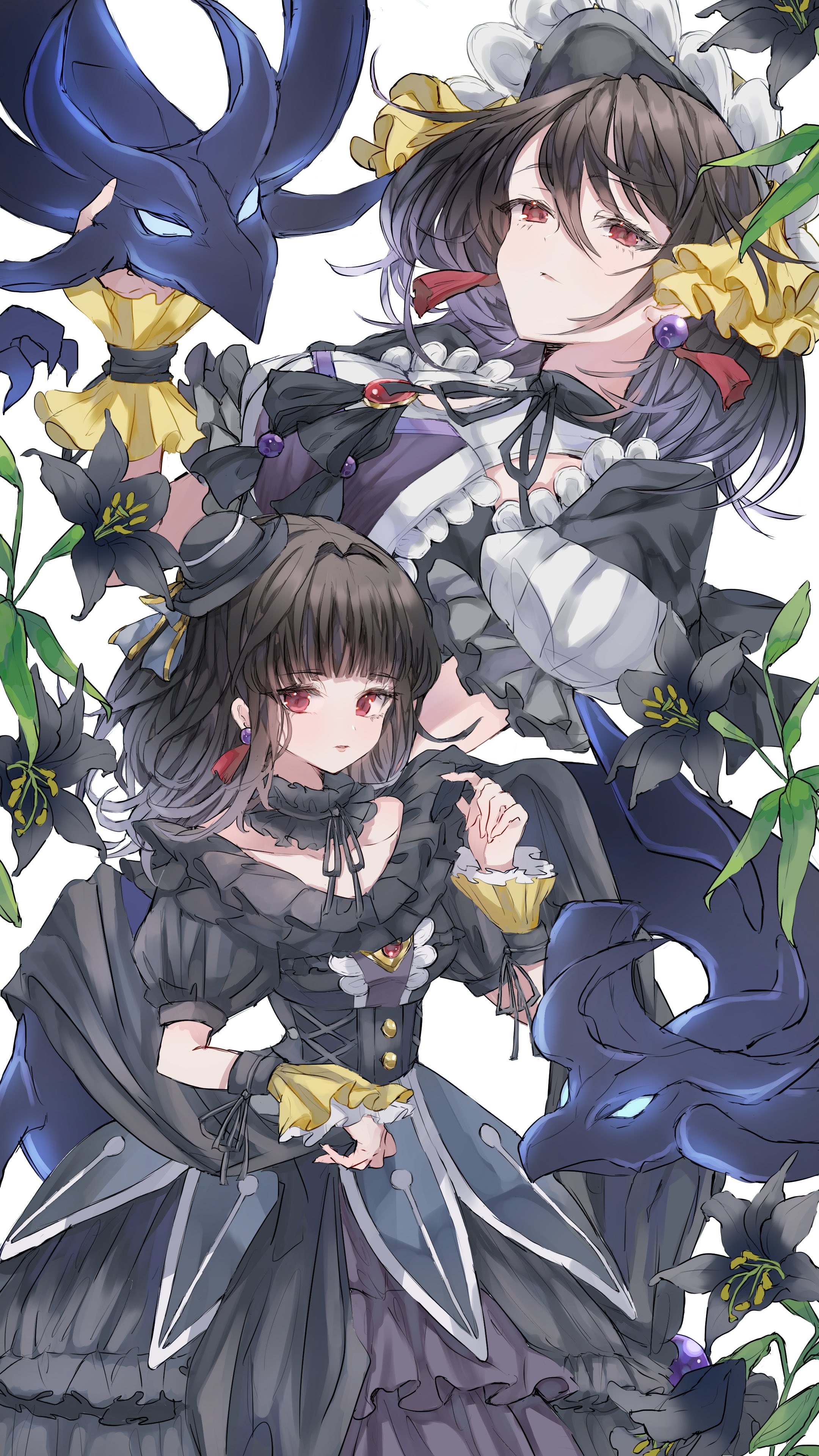 p9v9o, moon of the closed heaven, underworld goddess of the closed world, yu-gi-oh!, absurdres, highres, 2girls, black dress, black flower, black hair, black hat, breasts, choker, collarbone, dress, dual persona, duel monster, earrings, flower, frilled choker, frills, hair between eyes, hat, jewelry, long hair, medium breasts, mini hat, multiple girls, puffy short sleeves, puffy sleeves, red eyes, short sleeves, simple background, white background