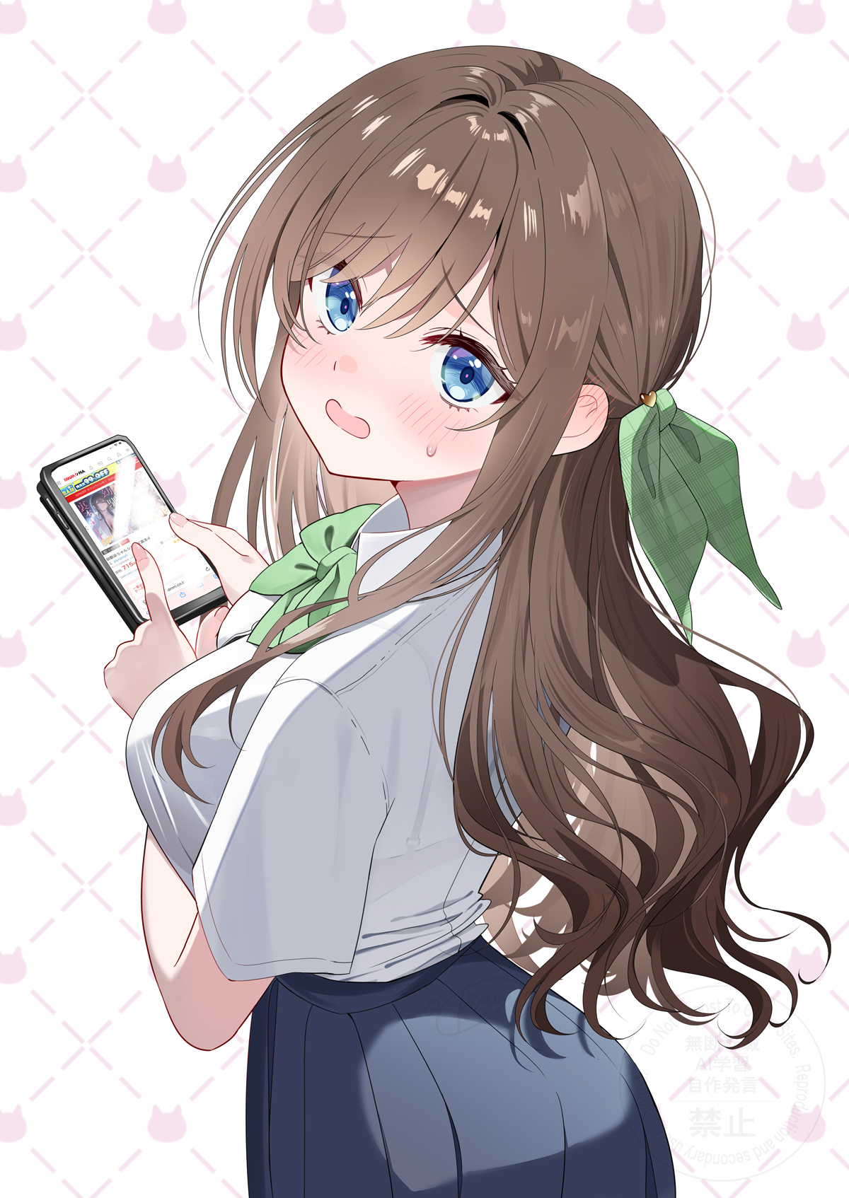 piyopoyo, hisabisa ni atta osananajimi ga iroiro to seichou shiteirunoni nounai dake seichou shiteinakute douyou shiteiru, highres, 1girl, black skirt, blue eyes, bow, bowtie, breasts, brown hair, collared shirt, green bow, green bowtie, green ribbon, hair ribbon, holding, holding phone, long hair, phone, pleated skirt, ribbon, school uniform, shirt, skirt, solo, sweat, white shirt, younger sister (childhood friend series)