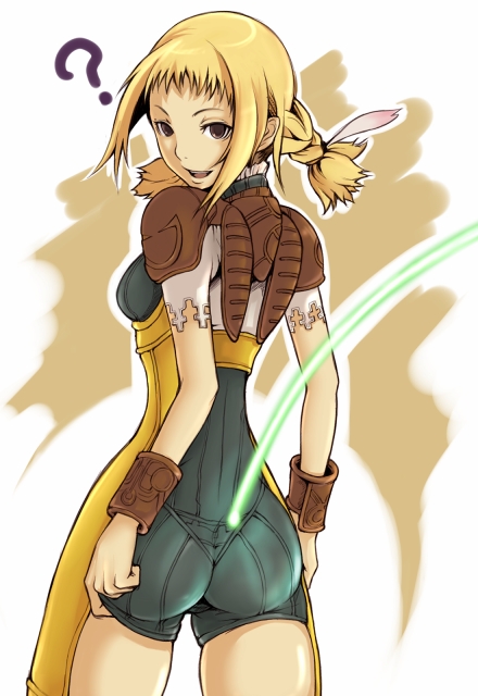 ina (gokihoihoi), penelo, final fantasy, final fantasy xii, 00s, 1girl, ?, adjusting clothes, ass, blonde hair, bracer, braid, brown eyes, female focus, gameplay mechanics, looking back, open mouth, shoulder pads, smile, solo, standing, twin braids, unitard