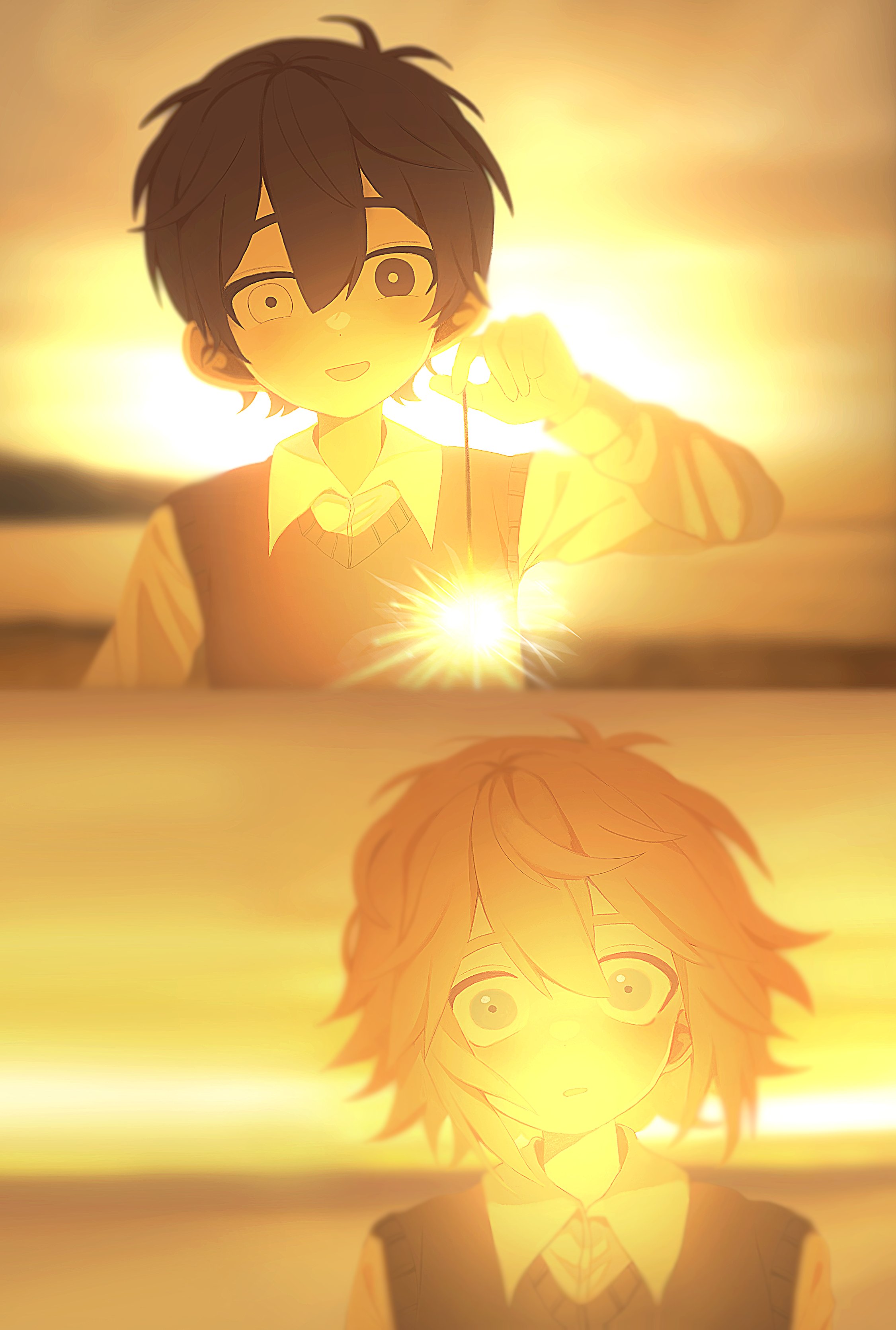 my loleeta, basil (faraway) (omori), basil (omori), sunny (omori), omori, absurdres, highres, revision, spoilers, 2boys, alternate sleeve length, antenna hair, black eyes, black hair, black sweater vest, blonde hair, blue eyes, blurry, blurry background, blush, bright pupils, cataracts, collared shirt, fireworks, green sweater vest, holding, holding fireworks, long sleeves, looking at another, male focus, multiple boys, open mouth, outdoors, shirt, short hair, smile, sparkler, sunset, sweater vest, white eyes, white pupils, white shirt