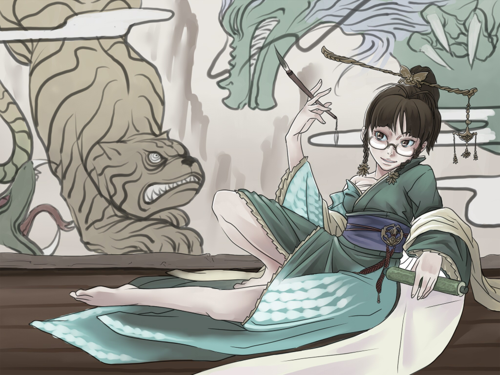 inu (aerodog), akizuki ritsuko, idolmaster, idolmaster (classic), idolmaster 1, 00s, barefoot, calligraphy brush, japanese clothes, paintbrush, solo
