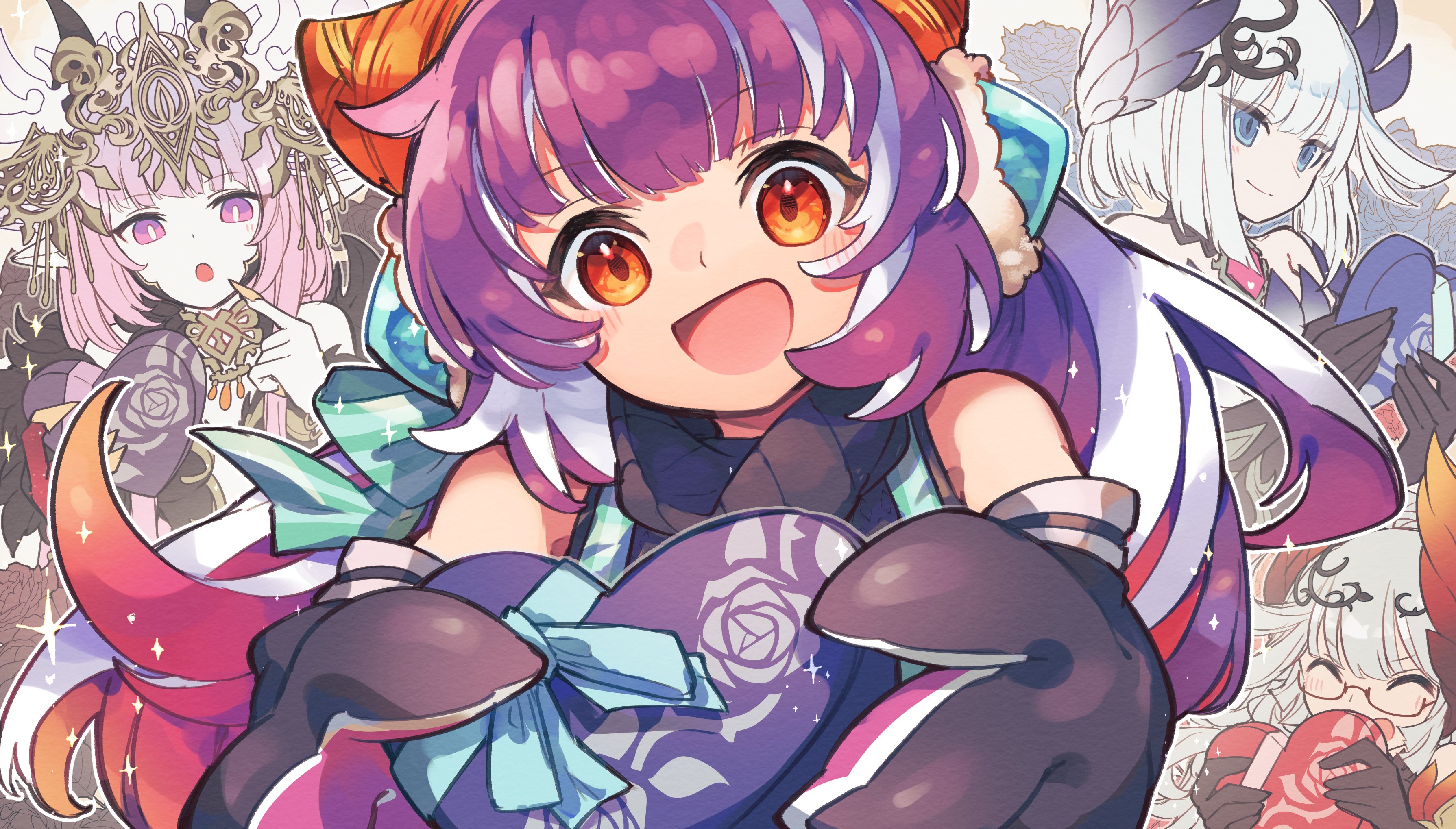 kuuron (moesann17), reeche (p&d), puzzle & dragons, absurdres, character request, highres, 4girls, :d, ^ ^, bare shoulders, black dress, blue eyes, blue flower, blue rose, blue wings, bridal gauntlets, candy, chocolate, chocolate heart, closed eyes, dragon girl, dragon horns, dragon tail, dress, finger to mouth, flower, food, grey hair, head wings, headgear, headpiece, heart, heart-shaped food, holding, horns, long hair, looking at viewer, multicolored hair, multiple girls, open mouth, orange eyes, pink eyes, pink hair, pointy ears, ponno (p&d), raffine (p&d), red wings, rose, short hair, smile, tail, white hair, wings