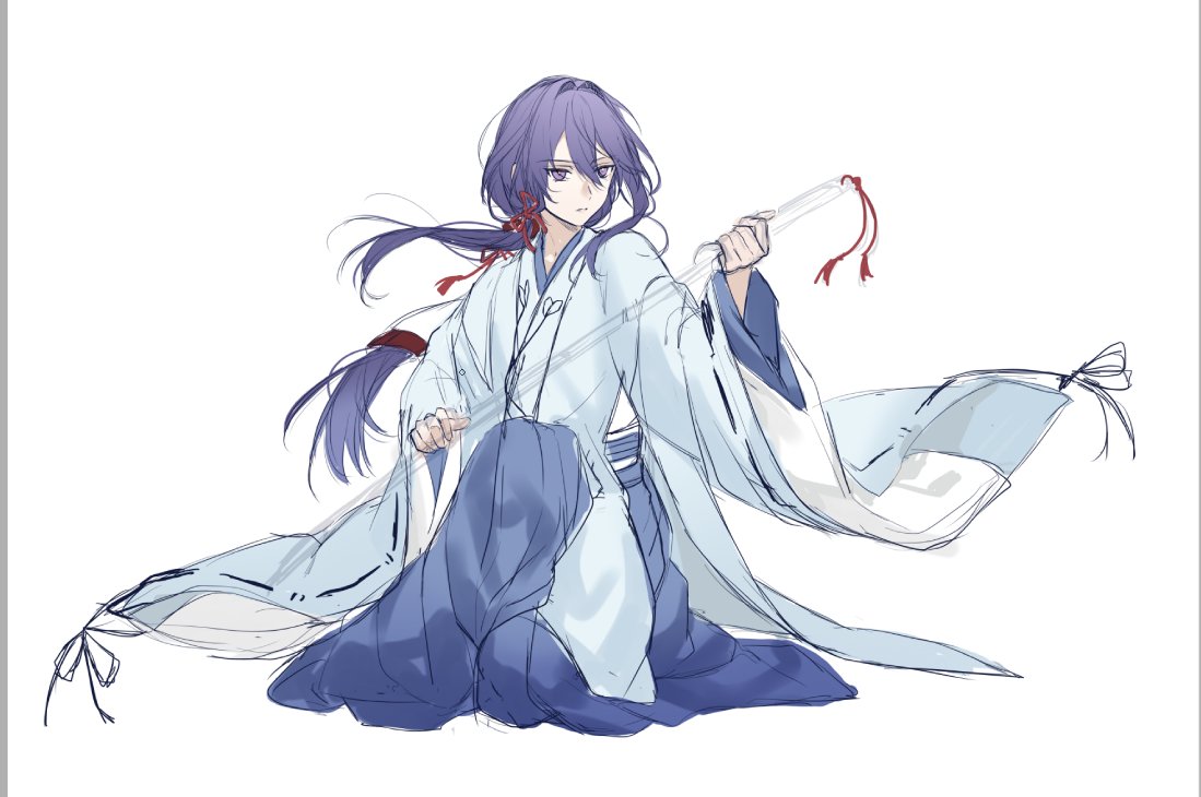 nancy980216, kanzaki souma, ensemble stars!, 1boy, alternate costume, alternate hairstyle, blue hakama, blue kimono, closed mouth, expressionless, floating clothes, floating hair, full body, furisode, hair intakes, hair ribbon, hakama, holding, holding sword, holding weapon, japanese clothes, kimono, long hair, long sleeves, looking at object, low twintails, purple eyes, purple hair, red ribbon, ribbon, seiza, sheath, sheathed, sidelocks, simple background, sitting, sketch, solo, sword, twintails, very long hair, weapon, white background, wide sleeves